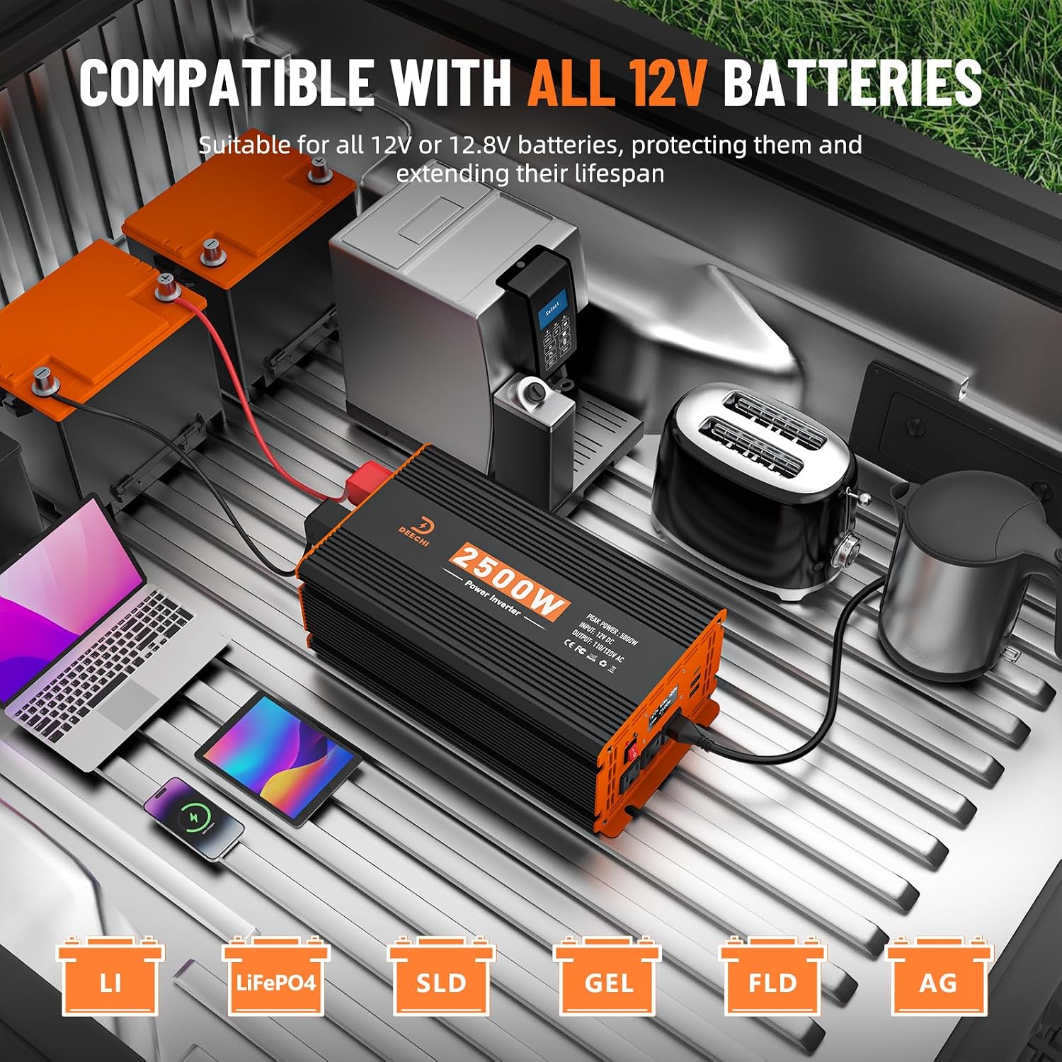 2500W Power Inverter 12V DC to 110V/120V AC Converter for RV/Truck/Boat/Camping/Off-Grid Solar Car Power Inverter Peak Power 5000W with 3 AC Outlets,USB & Type-C Port, Remote Controller & LCD Screen