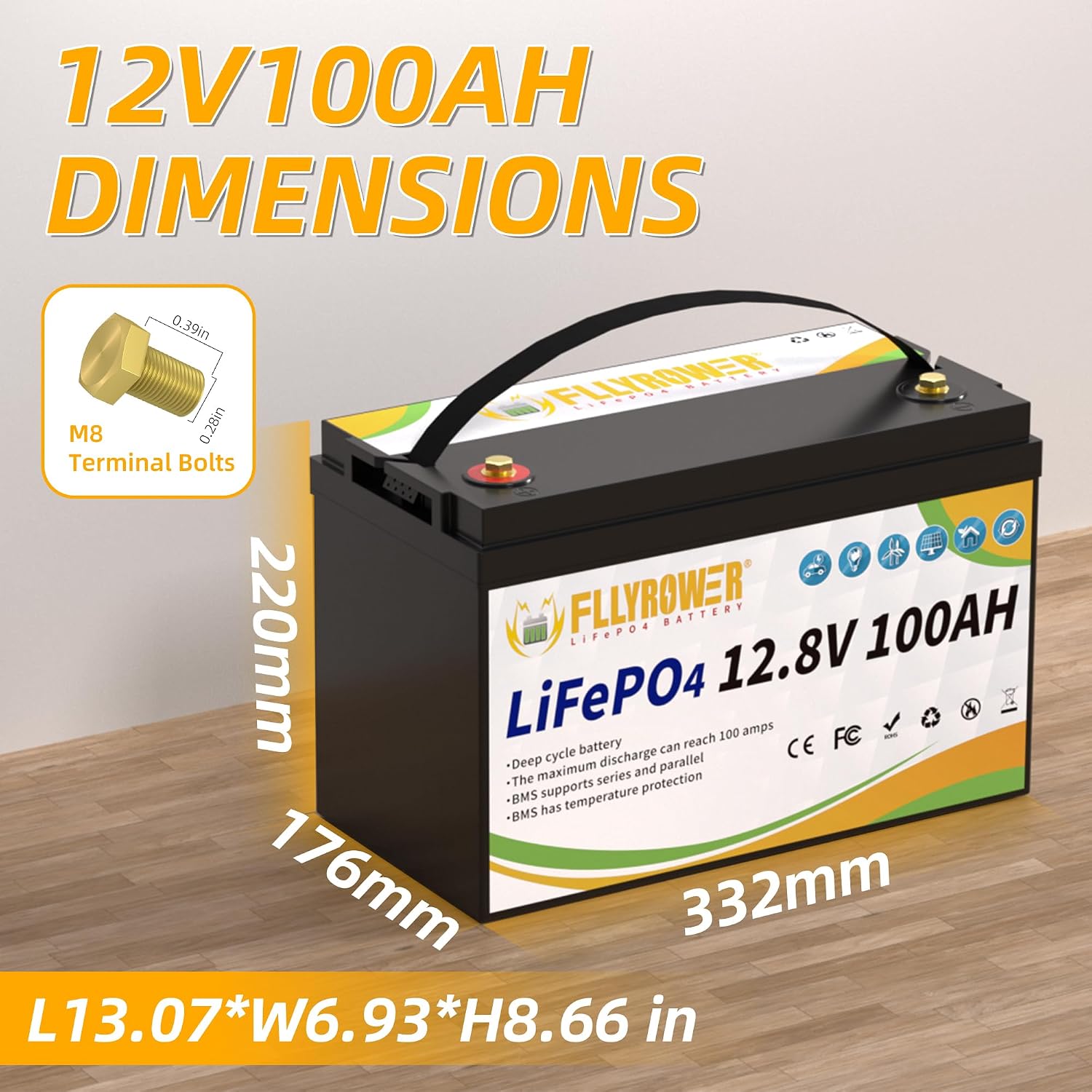 FLLYROWER 12V Lithium Battery 100AH With BMS and 16500 Deep Cycles 12V 100AH Lifepo4 Battery Grade A Cells for Marine Trolling Motor RV camping Solar Golf Cart Off-Grid