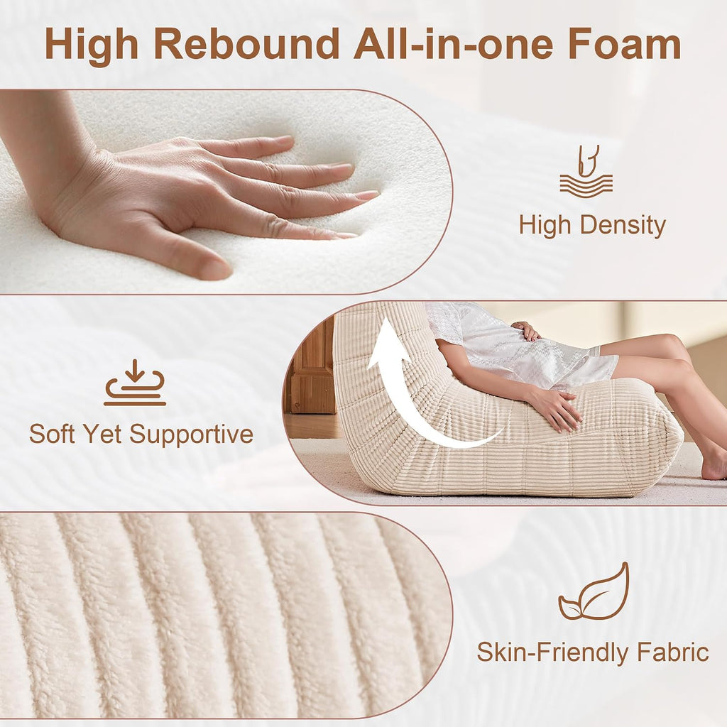 Bean Bag Chair for Adults, Giant Bean Bag Chairs with Lumbar Pillow, Oversized Corduroy Memory Foam Boneless Chair with High-Rebound, Lazy Floor Sofa for Reading Gaming Living Room Bedroom, Beige