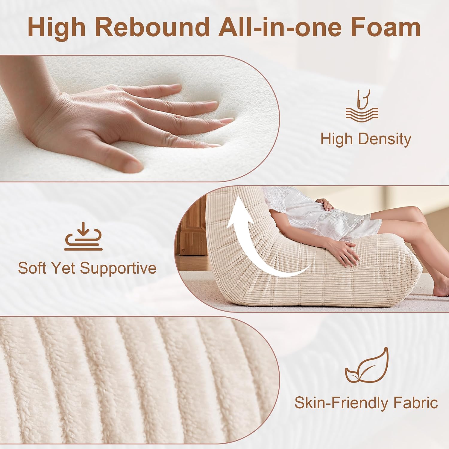 Bean Bag Chair for Adults, Giant Bean Bag Chairs with Lumbar Pillow, Oversized Corduroy Memory Foam Boneless Chair with High-Rebound, Lazy Floor Sofa for Reading Gaming Living Room Bedroom, Beige