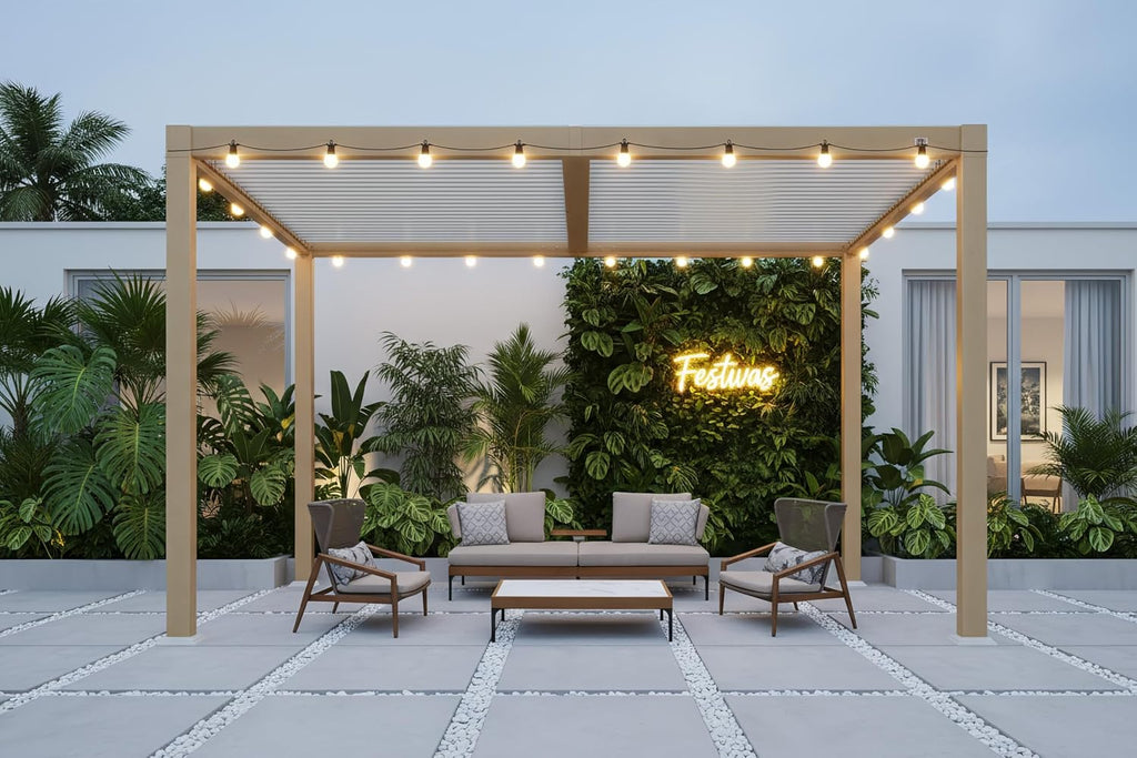 PURPLE LEAF Louvered Pergola 10' x 12' Outdoor Wood Grain Aluminum Pergolas with 24 Clear LED Lights Adjustable Roof Retractable Patio Rainproof Hardtop Gazebo for Deck Backyard Garden