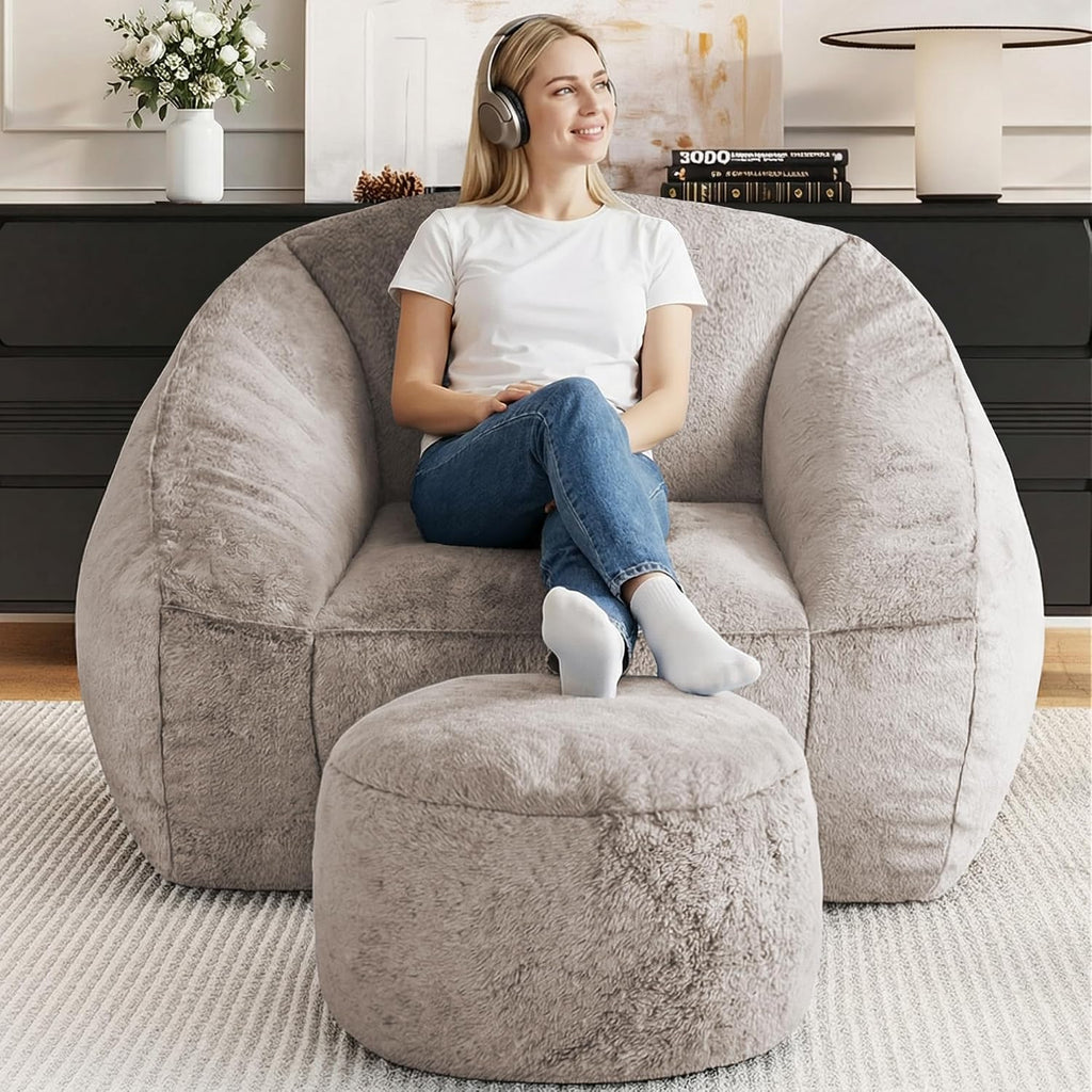 Bean Bag Chairs with Ottoman for Adults, Comfy Beanbag Chair with High-Resilience Foam, Oversized Bean Bag Sofa with Soft Faux Fur Fabric, Bean Bag Chair for Living Room,Bedroom,Khaki