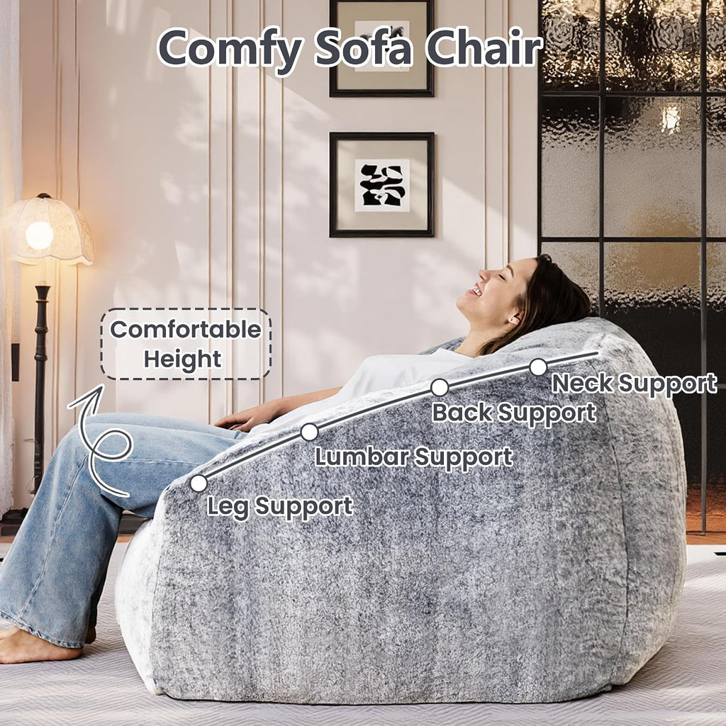 Bean Bag Chairs for Adults, Giant Beanbag Sofa Comfy Reading Chair, Oversized Bean Bag Chairs for Living Room Bedroom, Soft Faux Fur Fabric, 3.2FT, Dark Grey, Plush