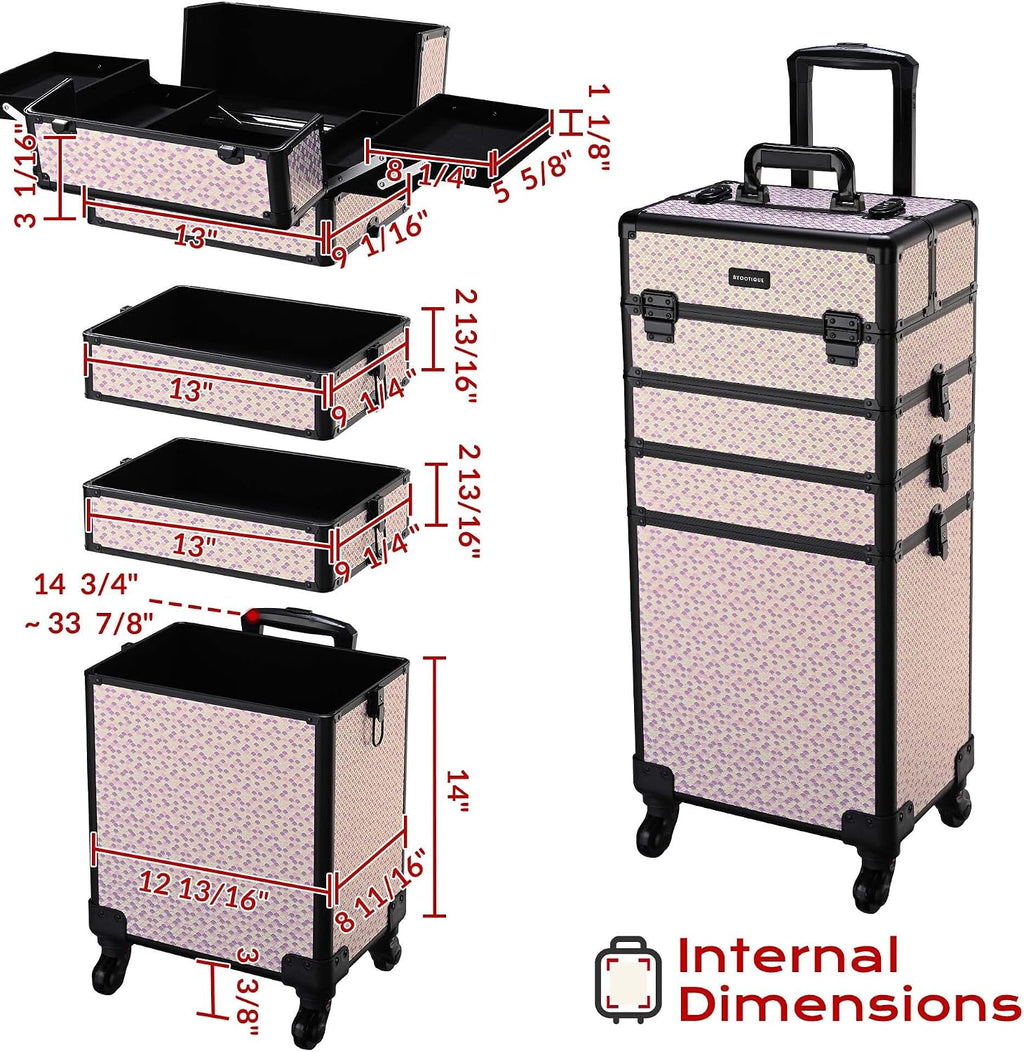 BYOOTIQUE 4in1 Rolling Makeup Case Cosmetology Case on Wheels,Large Capacity Easy Access Cosmetic Organizer Travel Case for Makeup Artist Hairstylist,Art Deco Tyrian