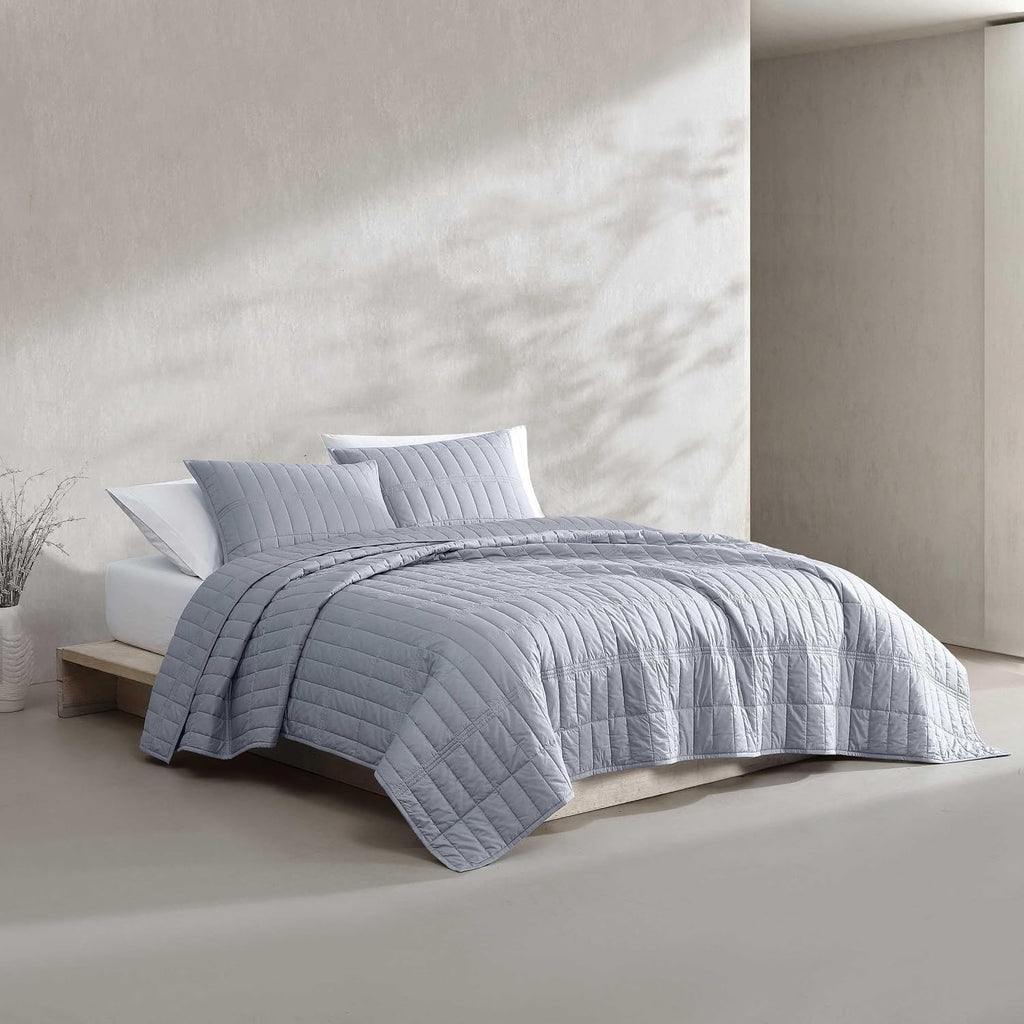 Calvin Klein - King Quilt Set, Cotton Percale Weave Bedding with Matching Shams, Crisp & Cool, Oeko-Tex Certified (Washed Percale Steel Blue)