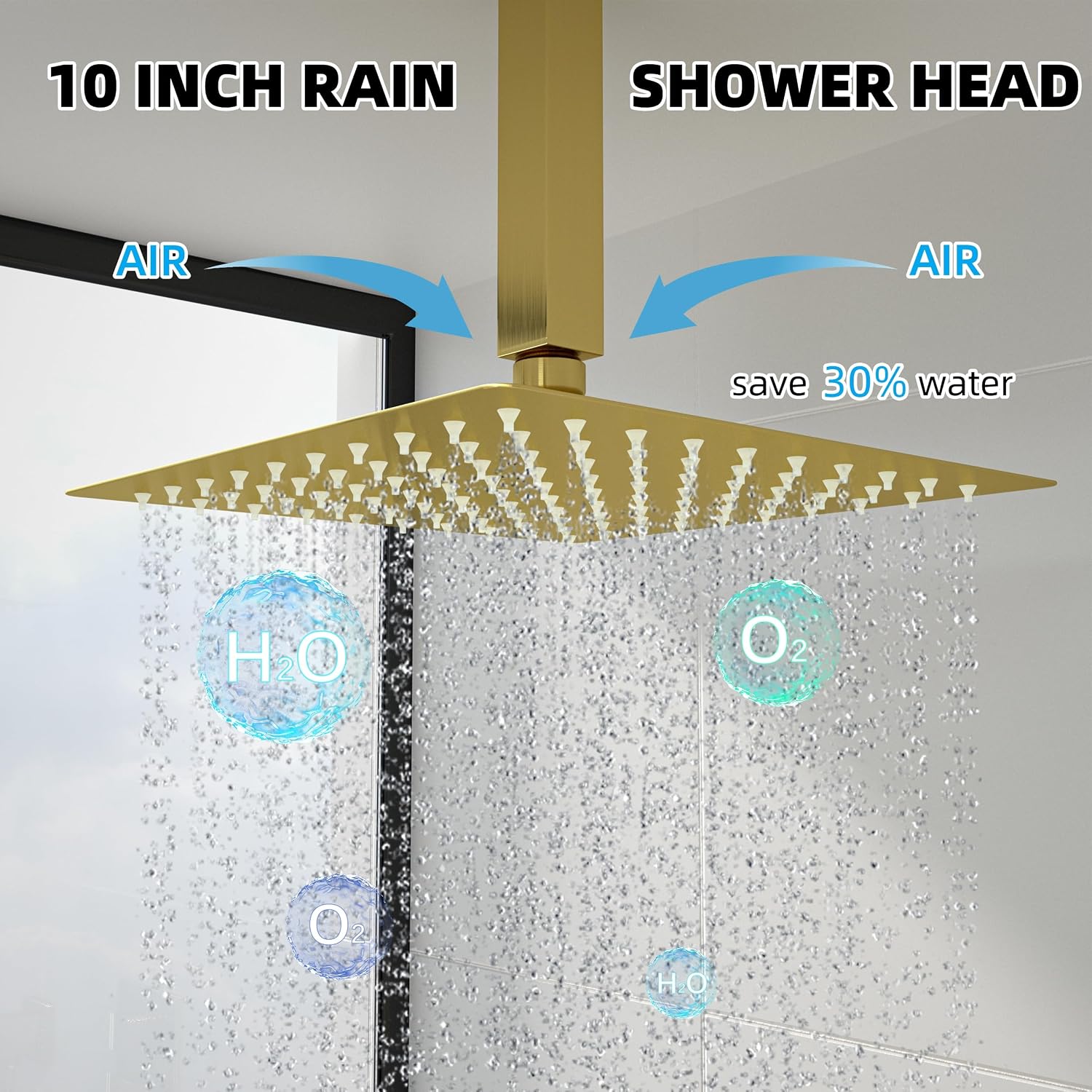 Ceiling Mount Shower System with Tub Spout, 10-Inch High-Pressure Rain Showerhead and Handheld Combo, Brushed Gold Shower Faucet Set with Rough-in Valve and Trim Kit, All-Metal