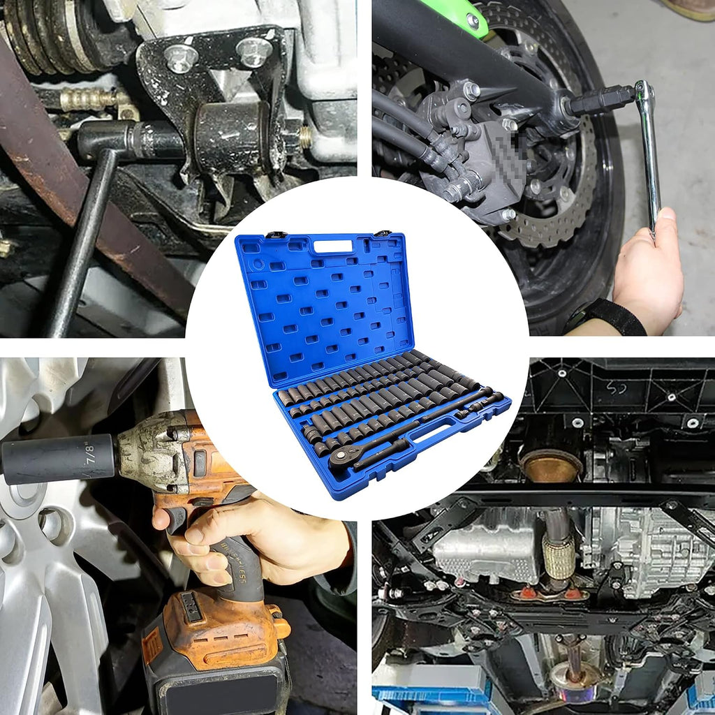 70pcs 1/2' Drive Impact Socket Set, Cr-V Steel, SAE & Metric, Standard/Deep Sockets with 72 Teeth Ratchet Handle, Extension Bar, and Adapters