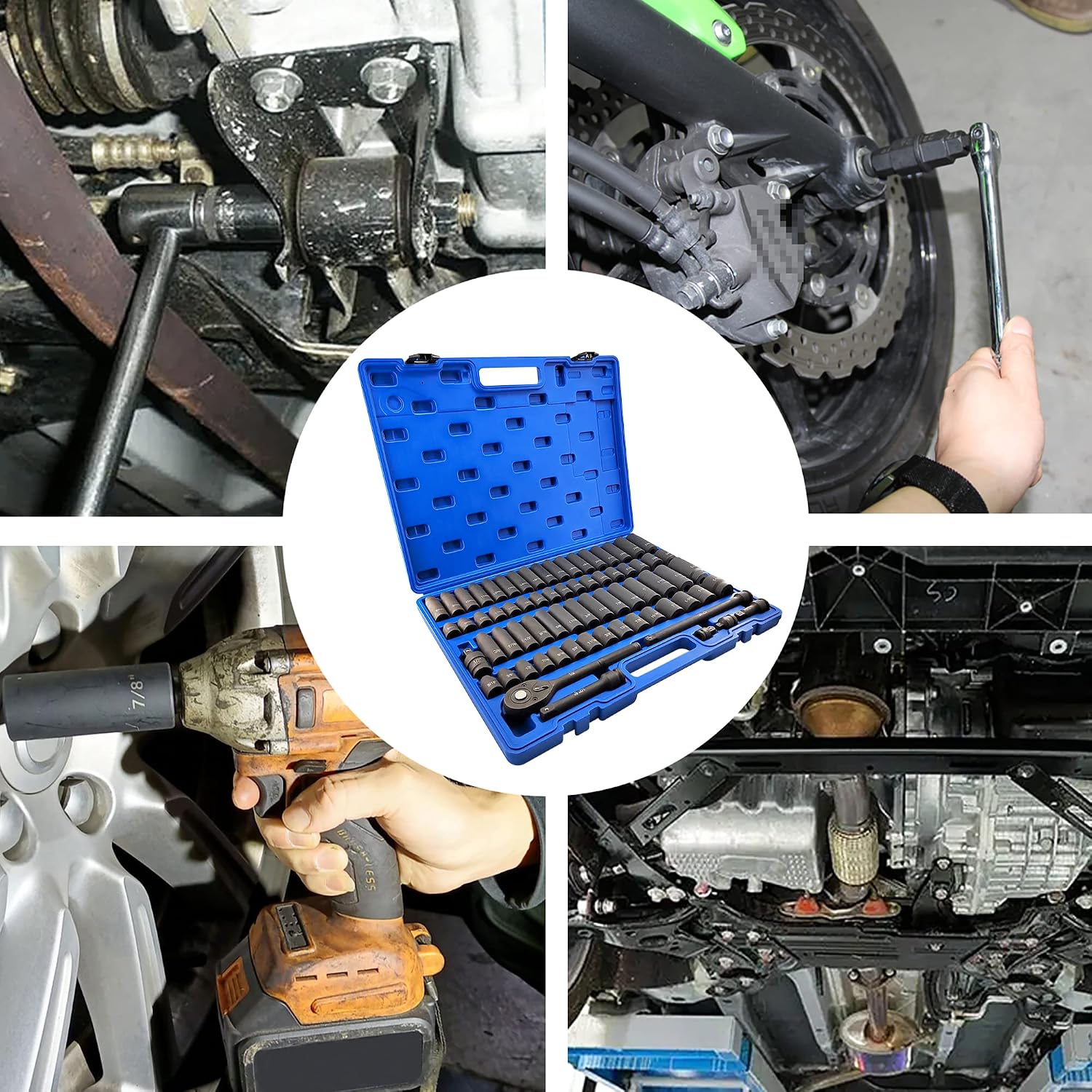 70pcs 1/2' Drive Impact Socket Set, Cr-V Steel, SAE & Metric, Standard/Deep Sockets with 72 Teeth Ratchet Handle, Extension Bar, and Adapters