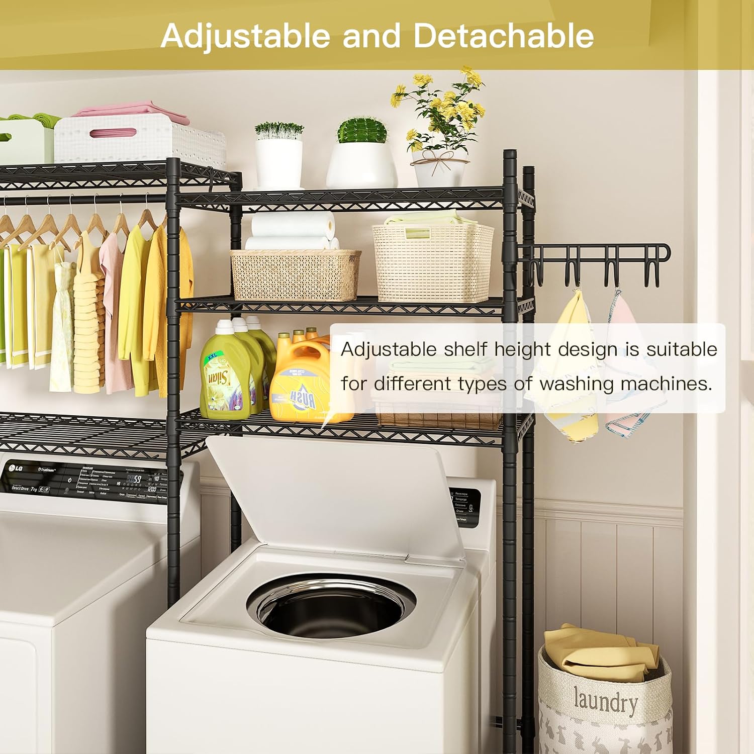 Ulif 65.3' W x 13.4' D x 77.5' H Clothes Drying Rack, 5 Tiers Over Washer and Dryer Laundry Room Storage and Organizer, Heavy-Duty Space Saver, Black