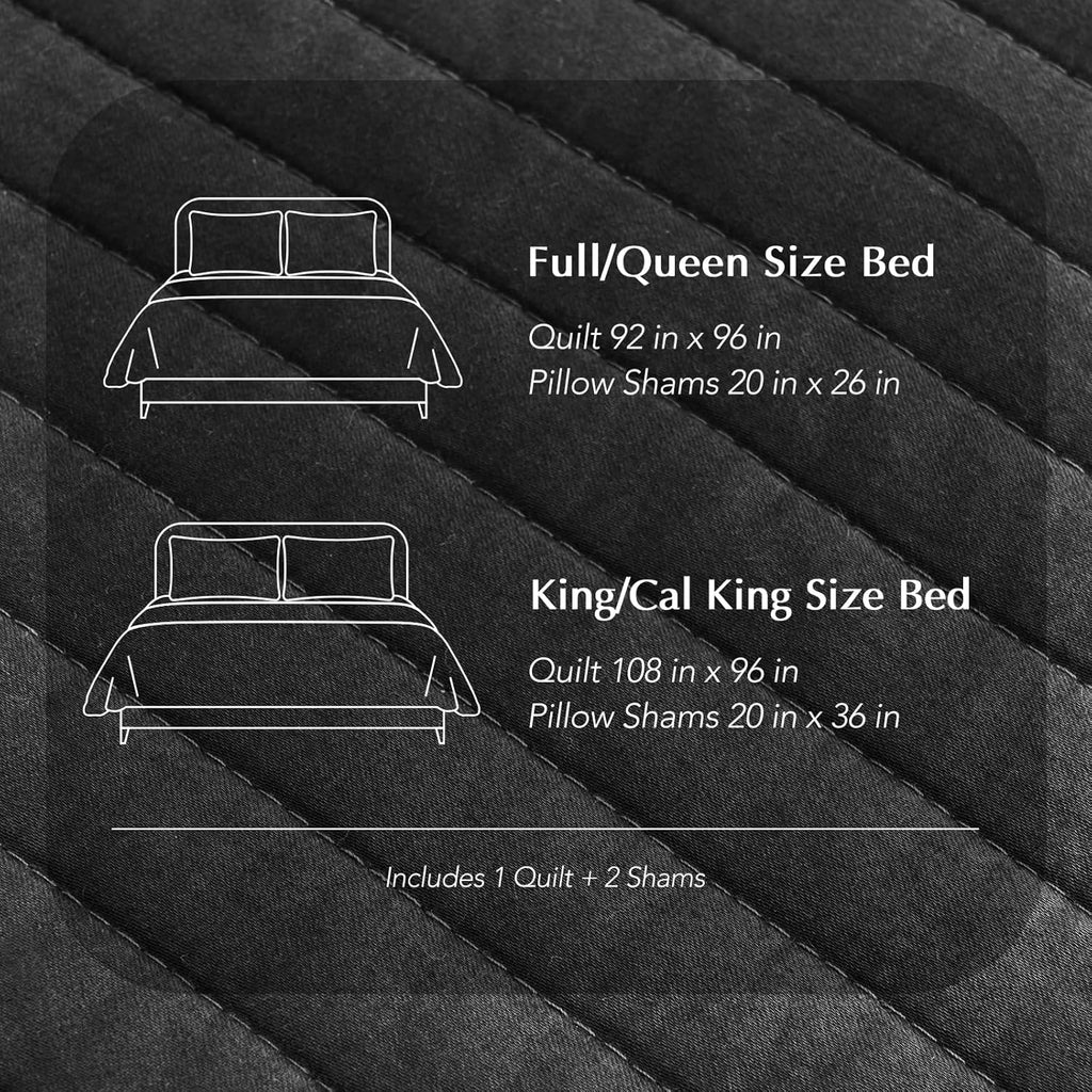 EVERGRACEHOME Cotton Sateen Quilt Set King Size, Pre-Washed Cotton Channel Stitch Coverlet Bedspread, 3 Pieces Lightweight Soft Bedding Sets for All Season, with 2 Pillow Shams, Washed Black