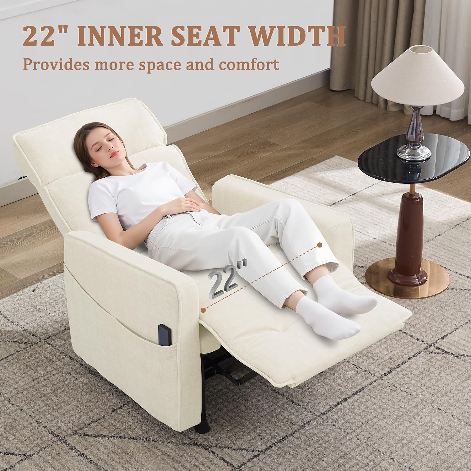 Korser Power Recliner Chair for Adults, Electric Recliner Chairs for Living Room, Comfy Recliners Cashmere Reclining Chair with One-Touch Adjustment & Side Pockets for Reading, Bedroom, Lounge, Beige