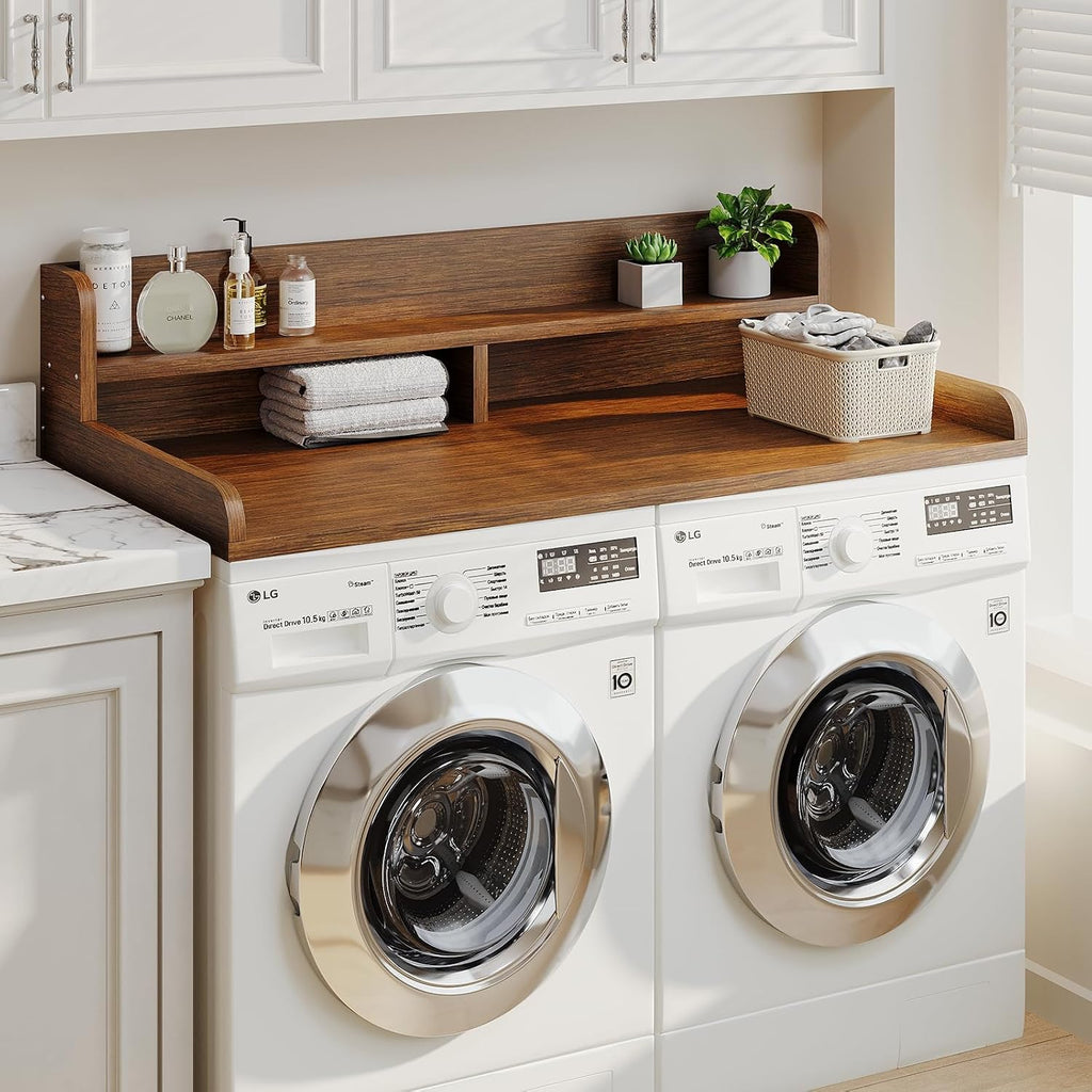2-Tier Washer Dryer Countertop with 2.75'H Edge Rails, 54' W x 27.55' D Laundry Countertop for Folding Clothes, Washer and Dryer Topper with Non-Slip Pad (Brown)