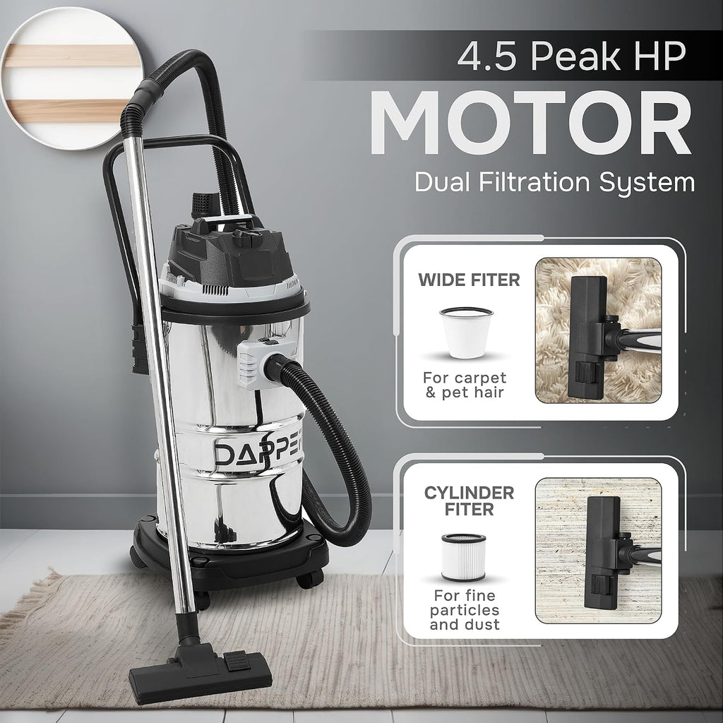 Dapper Supply 16 Gallon 4.5 Peak HP Wet/Dry Vacuum, Stainless Steel Tank, 3 in 1 Function Portable Shop Vacuum with Attachments, Ideal for Jobsite, Garage & Workshop.