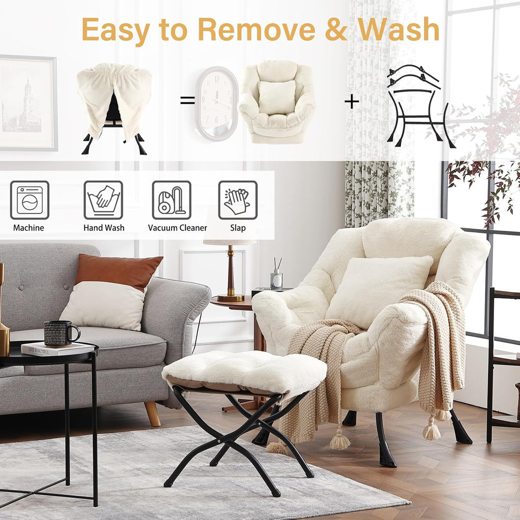 Lazy Chair with Ottoman, Large Lvory Accent Chair with Ottoman and FA Throw Pillow, Comfy Plush Reading Chair for Living Room Bedroom Dorm Room Office Apartment Relaxing Use