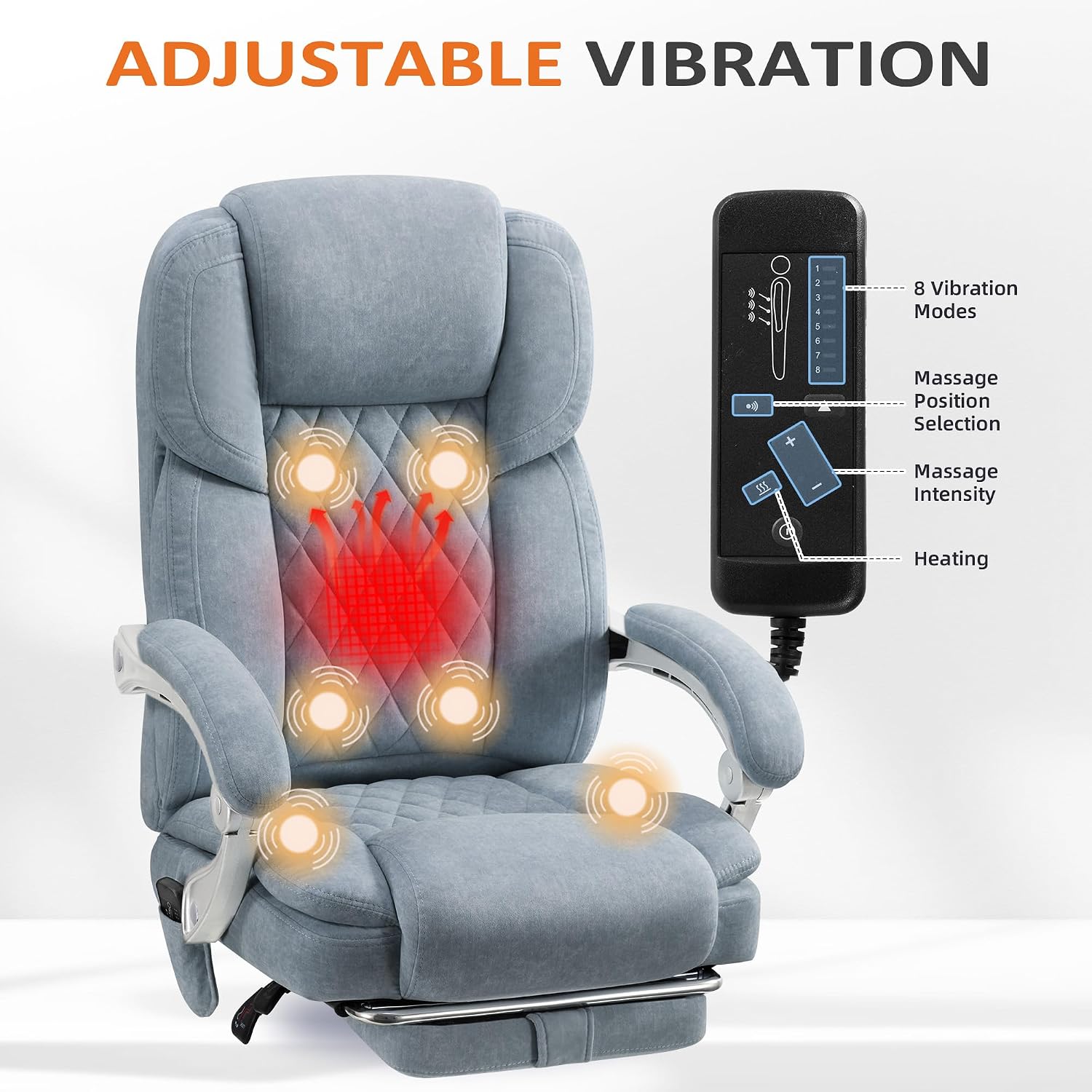 HOMREST 6-Point Massage Office Chair with Reclining Backrest, Heated Executive Office Chair, Velvet Ergonomic Computer Desk Chair with Footrest & Padded Armrest, Airy Blue