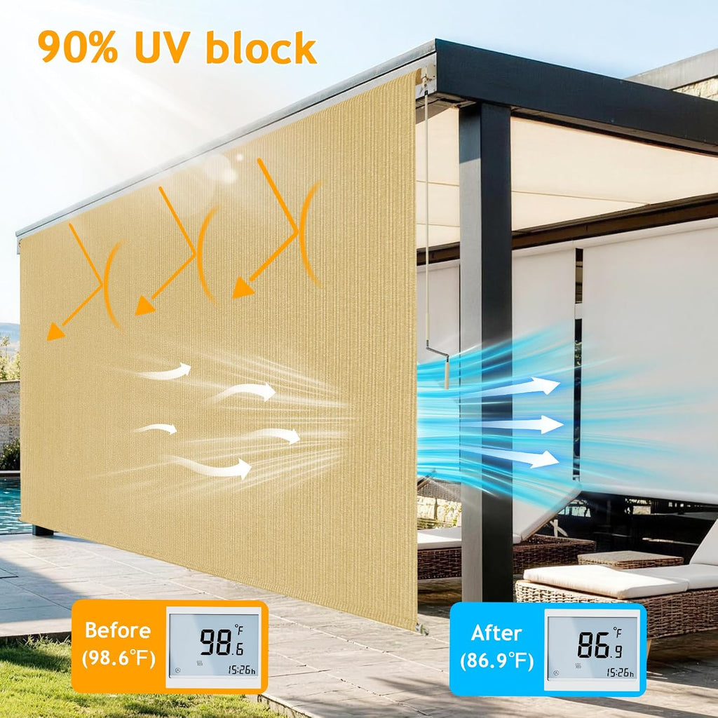10'W x 8'H Sesame Outdoor Roller Shade with Crank Wand Patio Shades Roll up, Privacy Protection & UV Blocking for Pergola | Gazebo