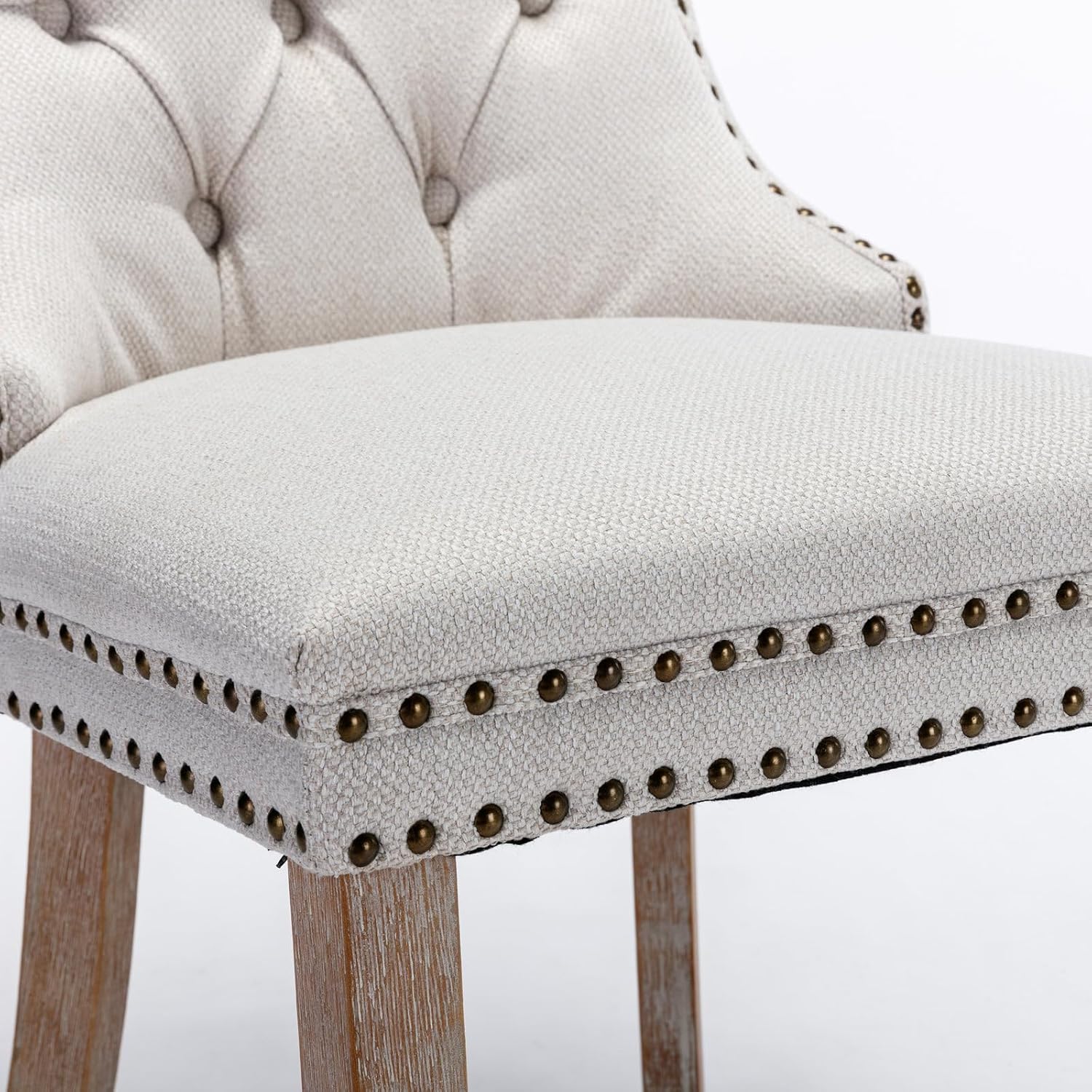 Ball & Cast Contemporary Upholstered Dining Chairs Set of 2, Button Tufted Kitchen Side-Chairs with Hang Ring & Nailhead Trims & Solid Wood Legs, 2-Piece Backrest Traditional Chair, Linen Beige