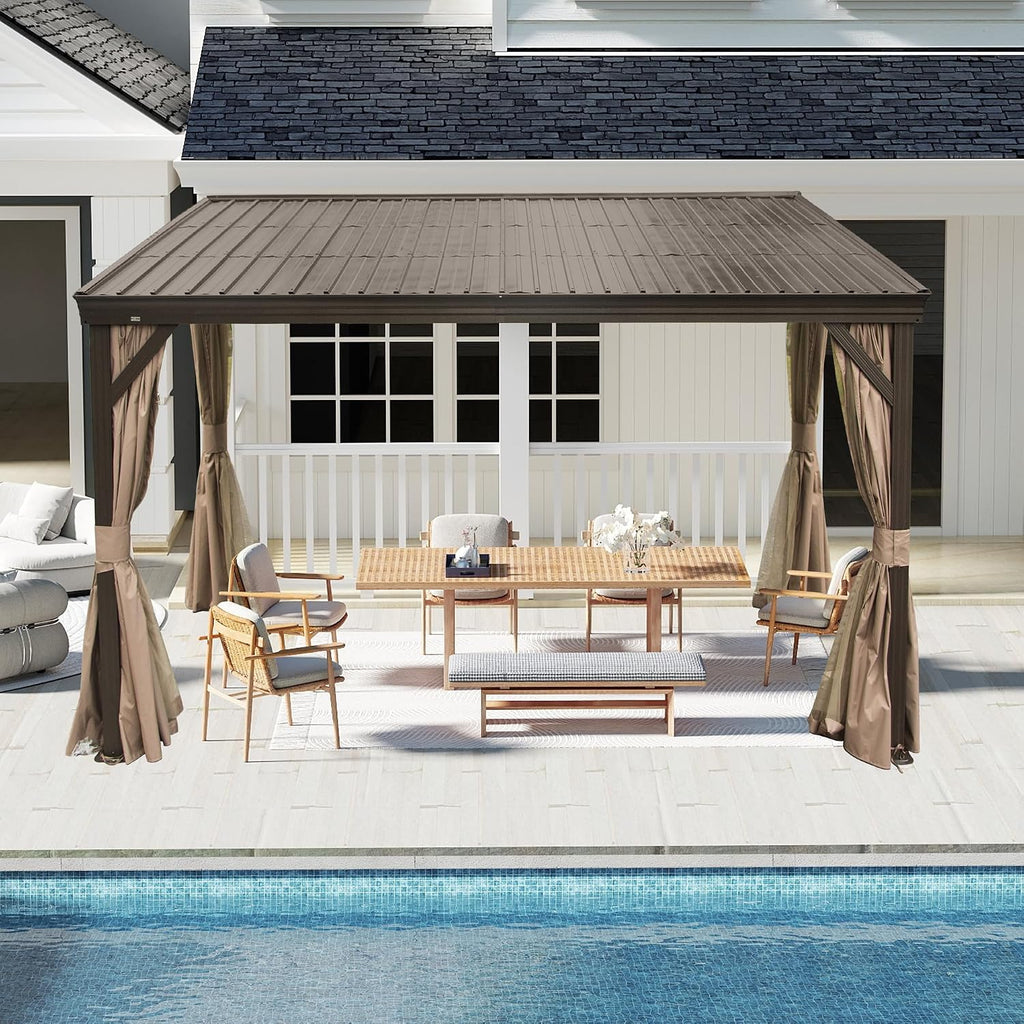 DOMI 10x12FT Lean to Gazebo with Aluminum Frame, Outdoor Hardtop Wall Mounted Gazebo with Sloping Galvanized Steel Roof, Netting Curtain for Deck, Porch, Backyard