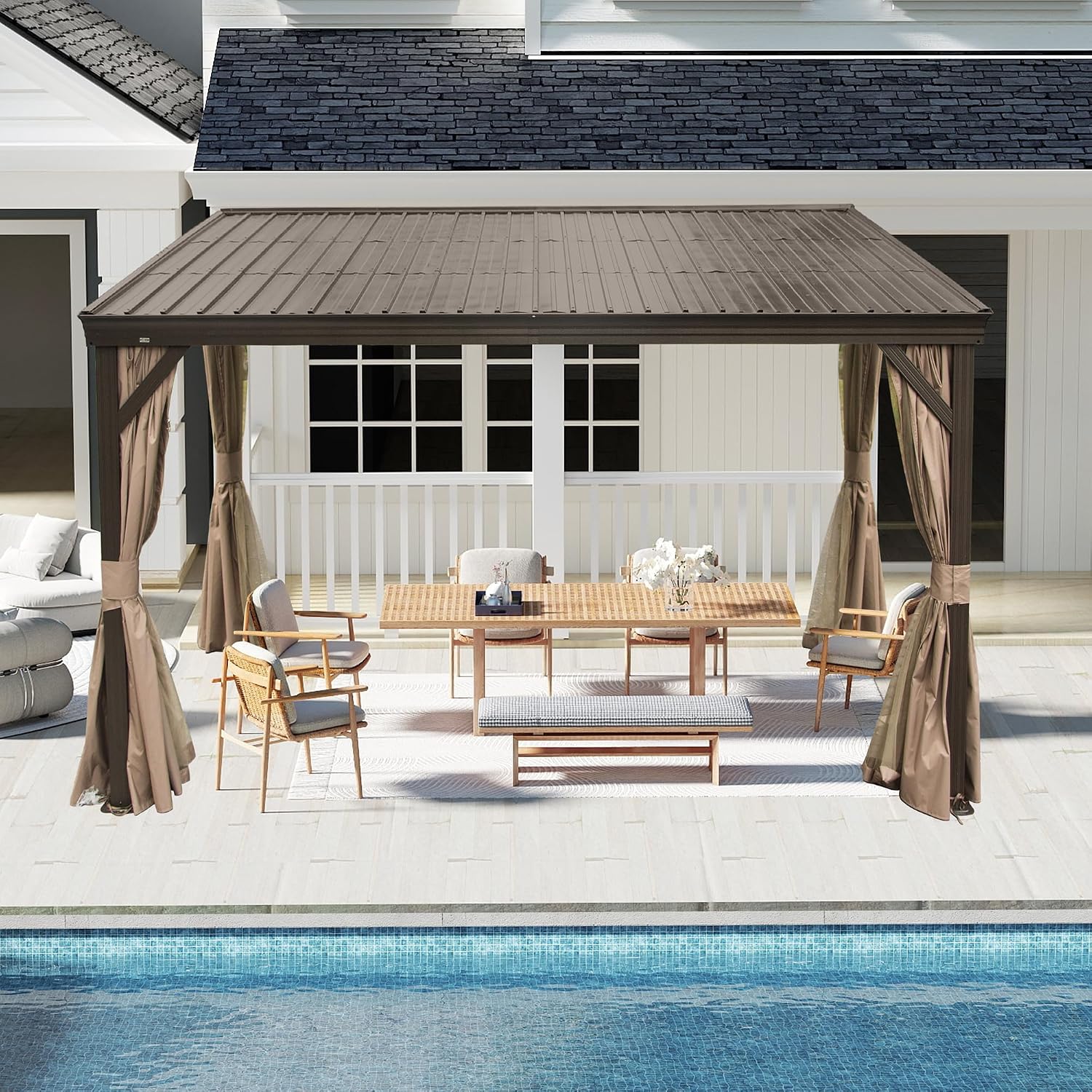 DOMI 10x12FT Lean to Gazebo with Aluminum Frame, Outdoor Hardtop Wall Mounted Gazebo with Sloping Galvanized Steel Roof, Netting Curtain for Deck, Porch, Backyard