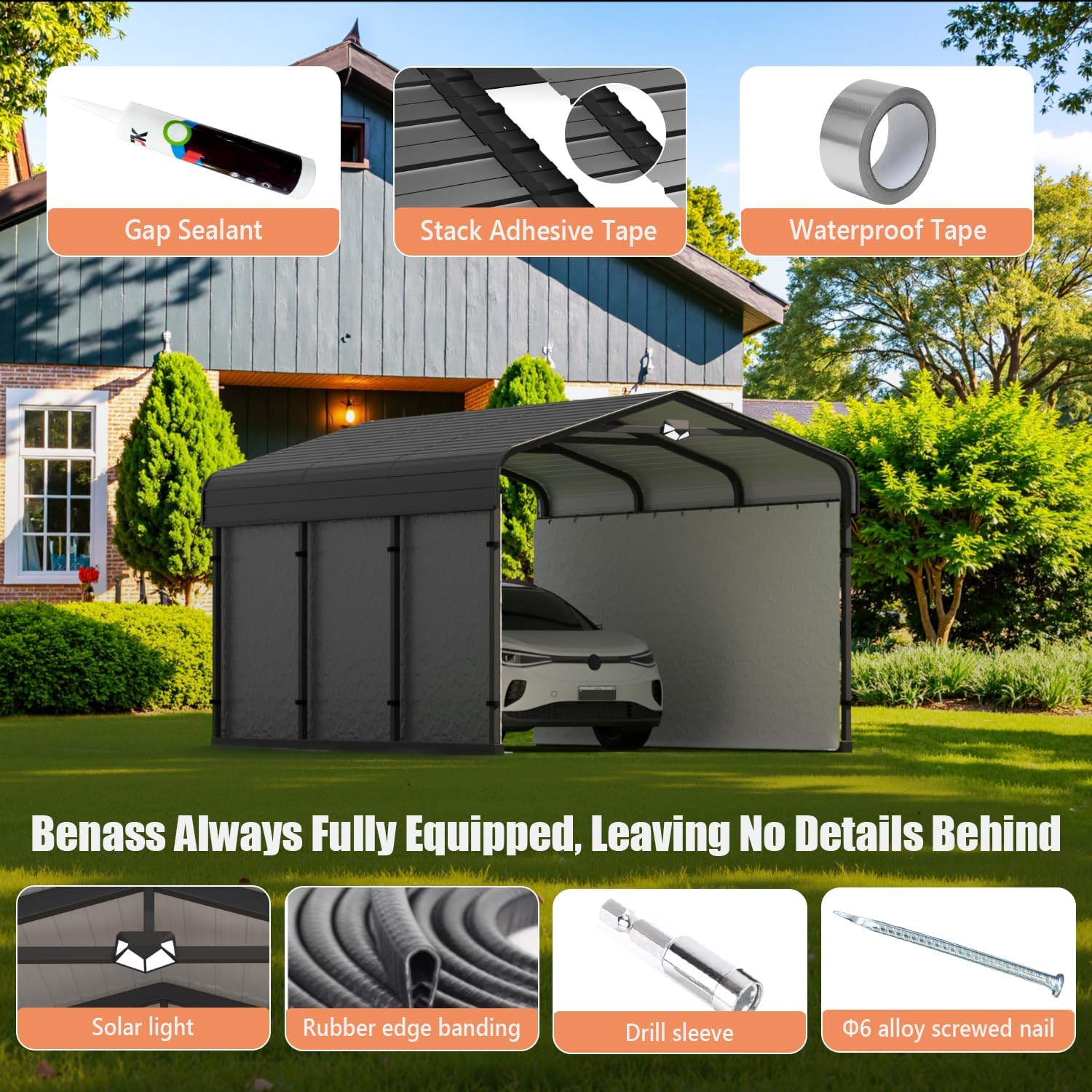 Carports Canopy Heavy Duty, Metal Roof Portable Garage with Sidewalls (10x15, Grey)