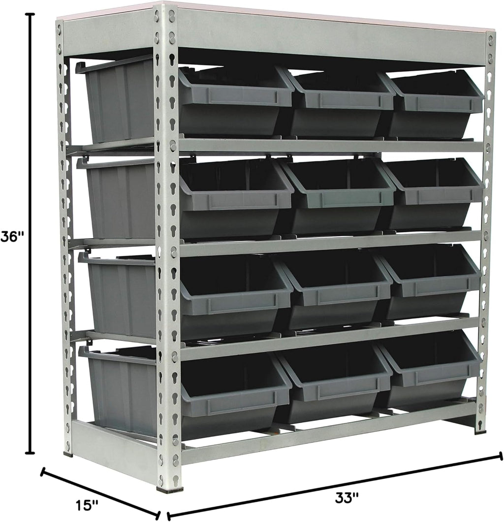 King's Rack Bin Rack Boltless Steel Storage System Organizer w/ 12 Plastic Bins in 4 tiers