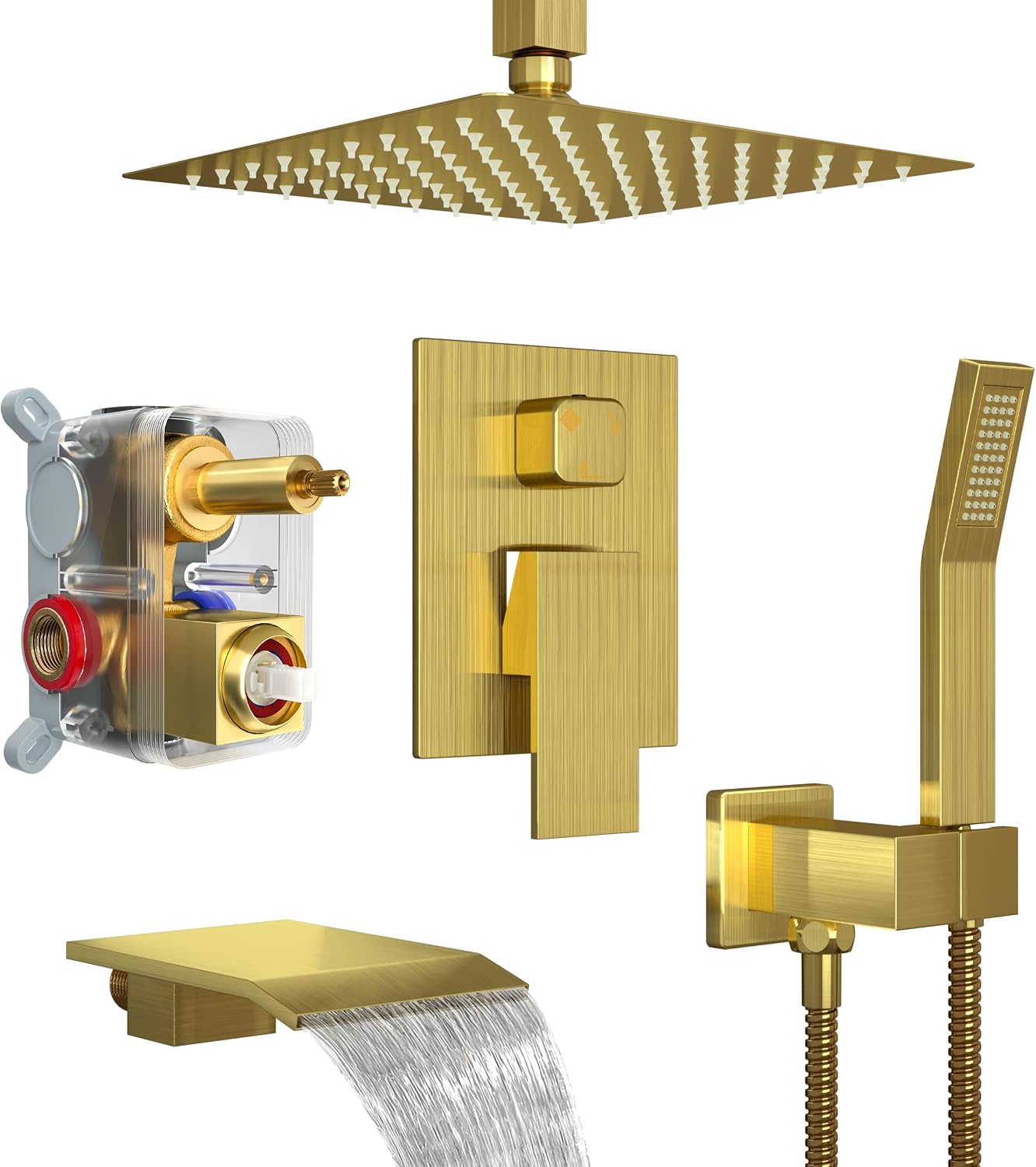 Ceiling Mount Shower System with Tub Spout, 10-Inch High-Pressure Rain Showerhead and Handheld Combo, Brushed Gold Shower Faucet Set with Rough-in Valve and Trim Kit, All-Metal