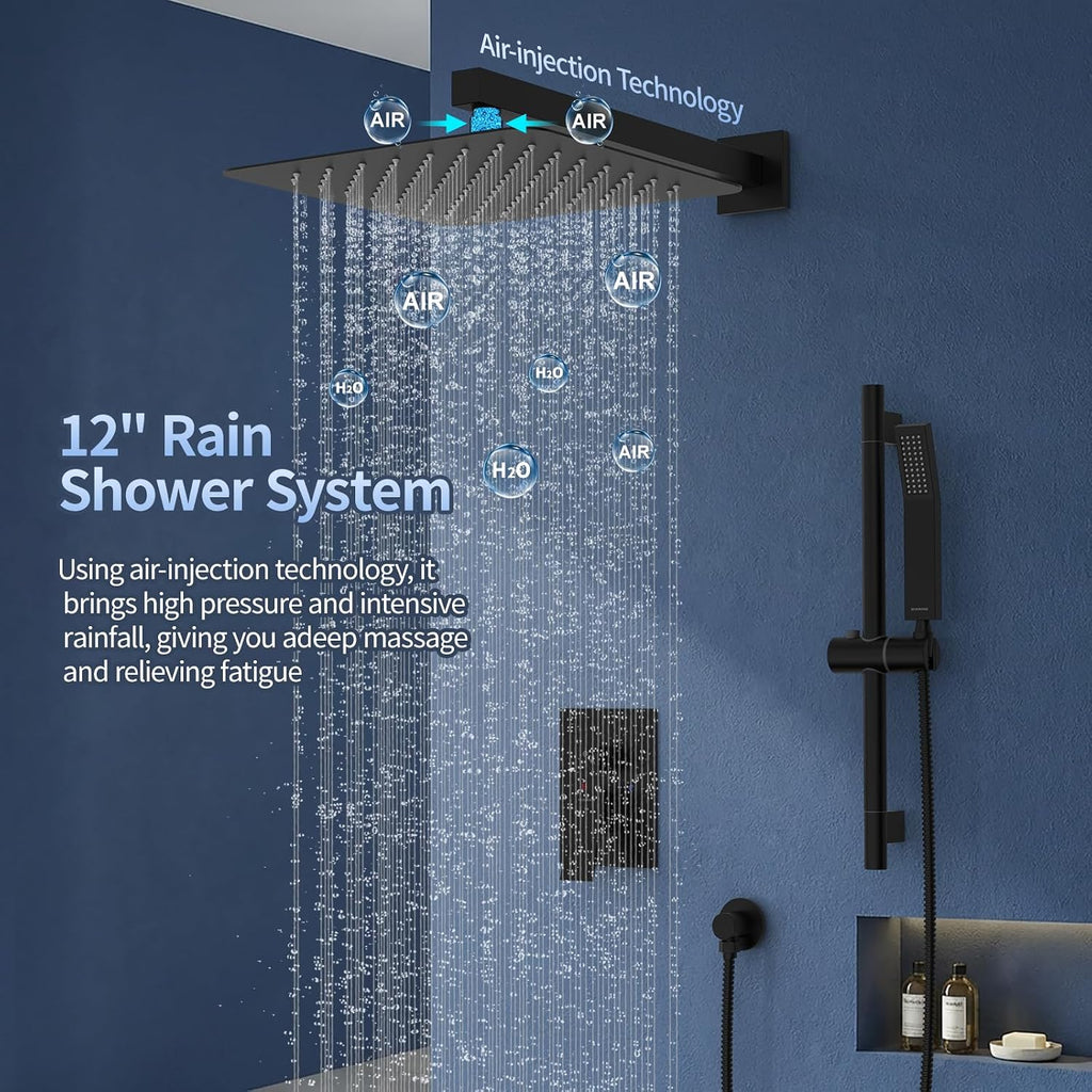 SR SUN RISE 12 Inch Slide Bar Shower Faucet Luxury High Pressure Shower Heads and Handheld Spray Combo Set Wall Mounted Shower System Included Valve and Trim Kit, Matte Black