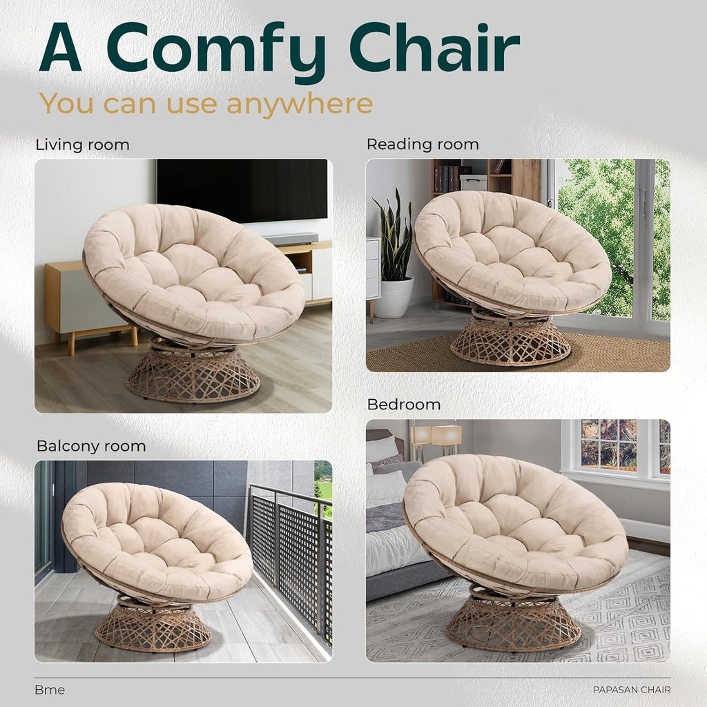 Bme 46' Large Size Ergonomic Wicker Papasan Chair with Soft Thick Density Fabric Cushion, Bee-Designed Base, High Capacity Steel Frame, 360 Degree Swivel for Living, Bedroom,...
