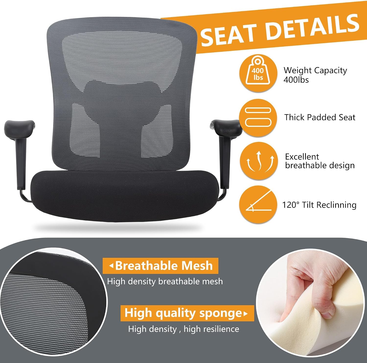 BestOffice Big & Tall Office Chair, 400 lb Capacity Mesh Desk Seating with Lumbar Support, Wide Seat, Adjustable Arms, Rolling Swivel High-Back Ergonomic Executive Task Model for Home Office, Grey