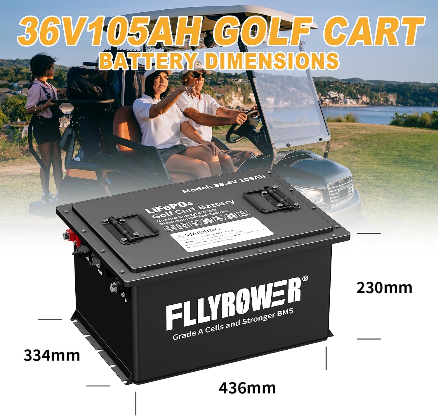 FLLYROWER Golf Cart Lithium Battery 36V 105AH with 16500 Deep Cycles and BMS Lifepo4 Battery 36V Grade A Cells Include 20A Charger and Monitor for Golf Cart