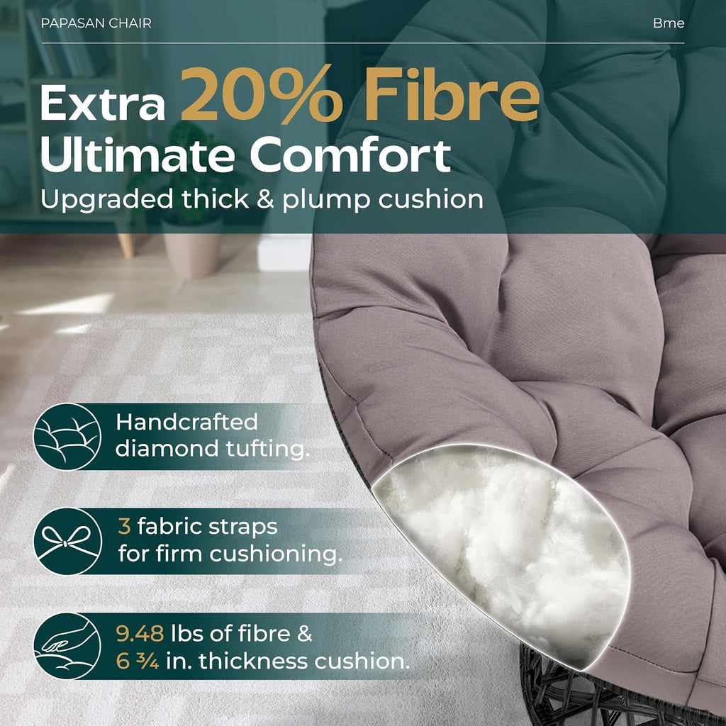Bme 40' Ergonomic Wicker Papasan Chair with Soft Thick Density Fabric Cushion, High Capacity Steel Frame, 360 Degree Swivel for Living, Bedroom, Reading Room, Lounge, Smoky Quartz - Black Base