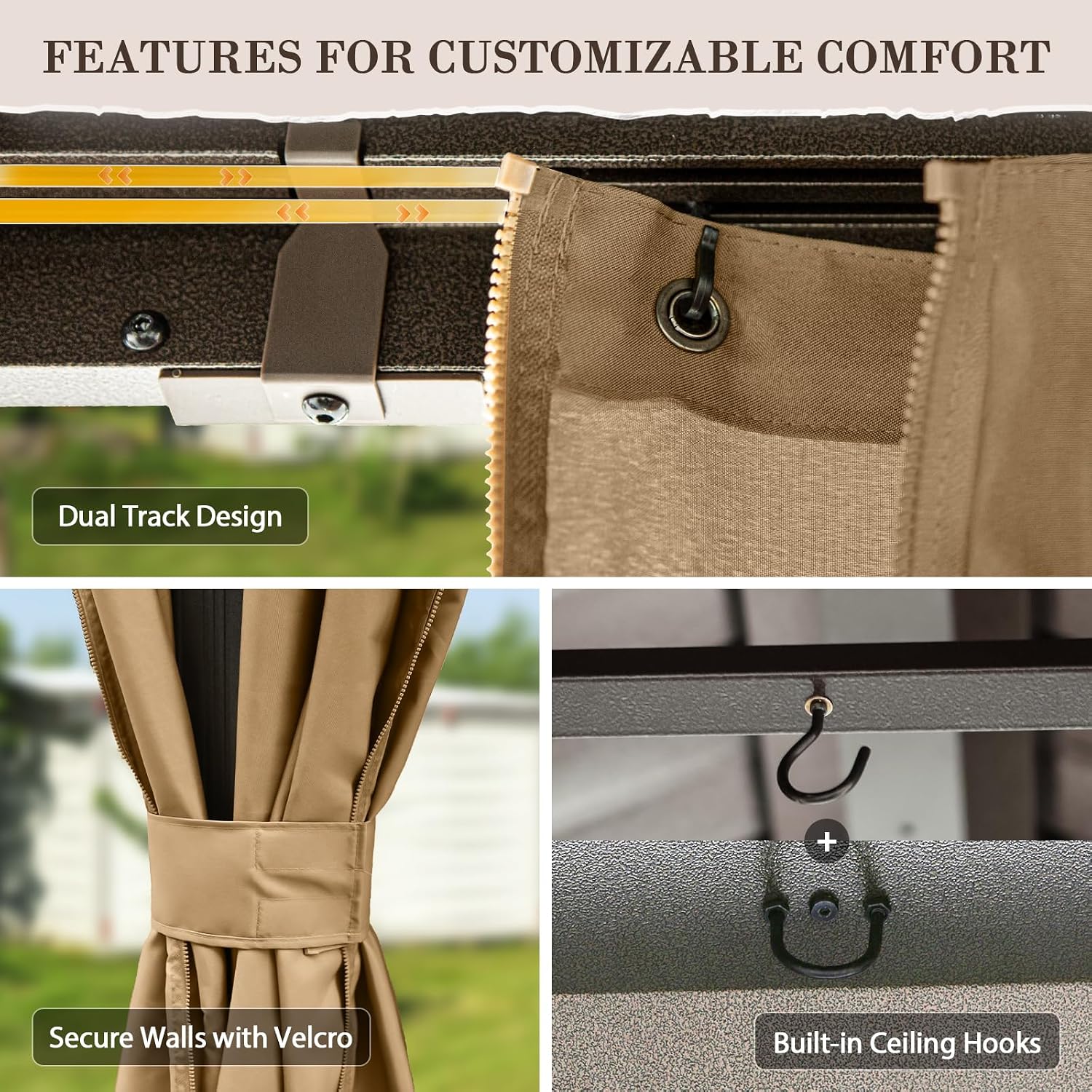 EAGLE PEAK 12x20 Hardtop Gazebo, Galvanized Steel Double Roof with Aluminum Frame, Outdoor Pavilion with Netting and Curtains for Patio, Deck, Lawn and Garden, Dark Brown/Tan