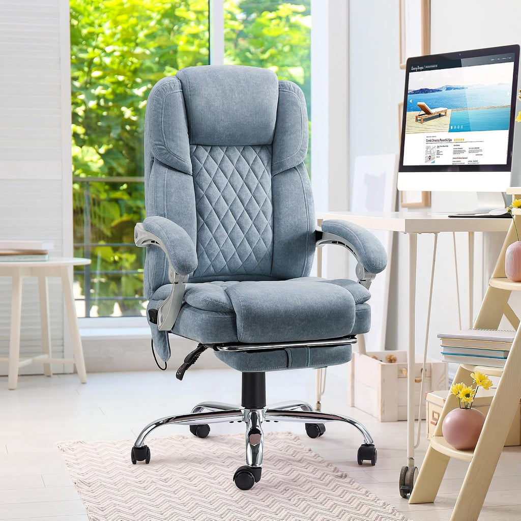 HOMREST 6-Point Massage Office Chair with Reclining Backrest, Heated Executive Office Chair, Velvet Ergonomic Computer Desk Chair with Footrest & Padded Armrest, Airy Blue