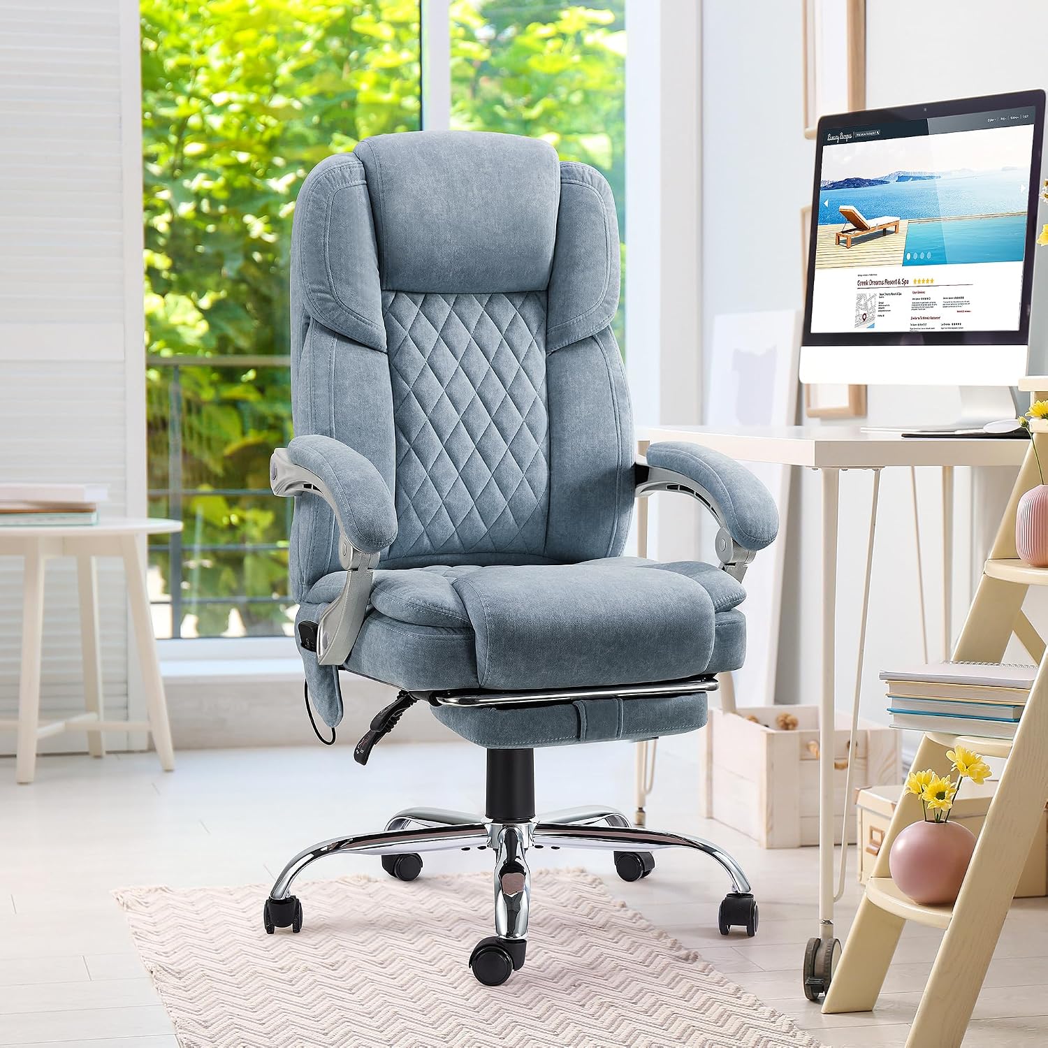 HOMREST 6-Point Massage Office Chair with Reclining Backrest, Heated Executive Office Chair, Velvet Ergonomic Computer Desk Chair with Footrest & Padded Armrest, Airy Blue