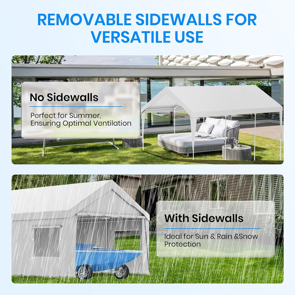 Bezseller 12x20 FT Heavy Duty Carport Canopy with Roll-Up Windows & Doors, Car Tent Portable Garage with All-Season Tarp for Cars, Boat, Trucks, White