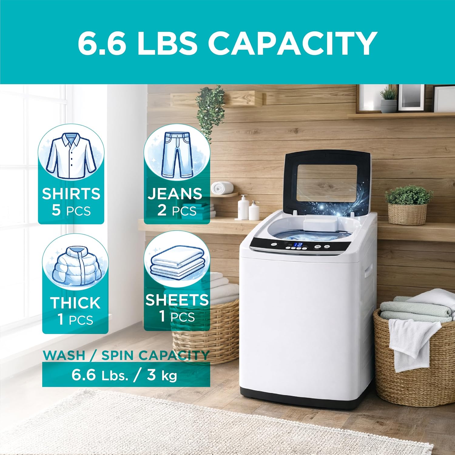 BLACK+DECKER 0.9 Cu. Ft. Portable Washer, 6.6 lb. Capacity Washing Machine for Homes & Apartments, 5 Wash Cycles, Quick Connect Sink Adapter and Drain Hose Included, LED Display, BPWM09W, White