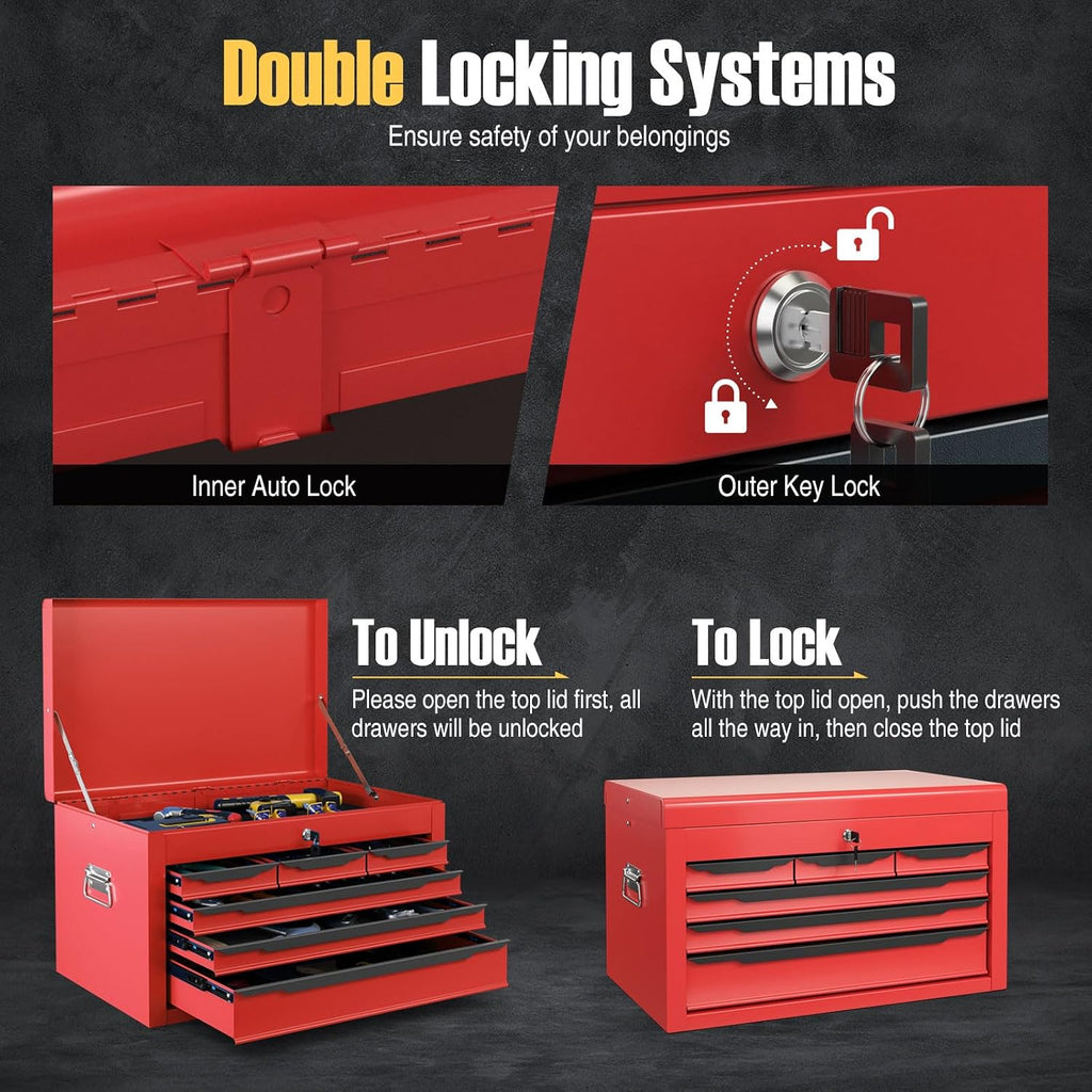 Tool Box, 6-Drawer Steel Tool Chest with Top Storage Automatic Lock & EVA Liner, Portable Tool Storage Organizer for Repair Shop Garage Warehouse (Red)