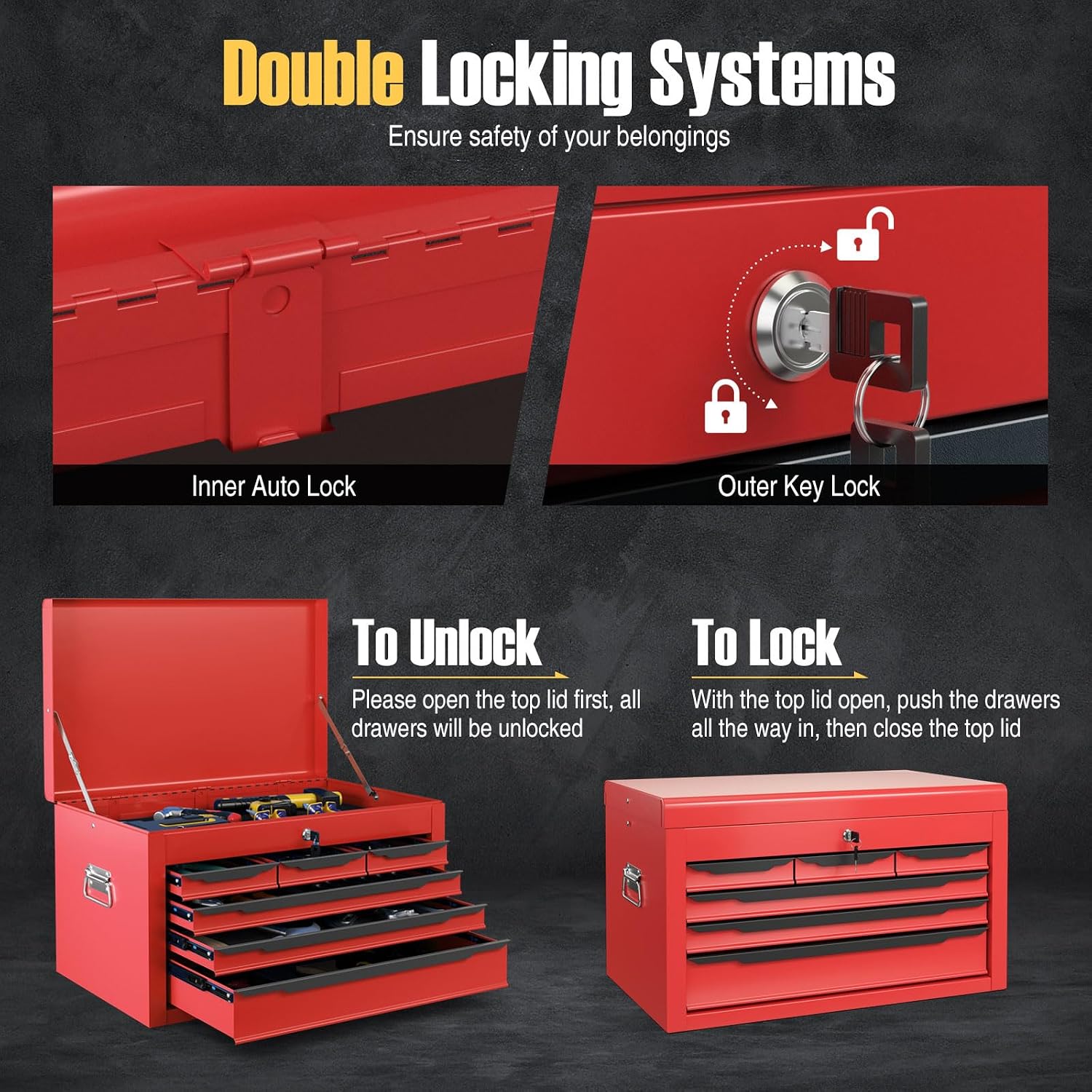 Tool Box, 6-Drawer Steel Tool Chest with Top Storage Automatic Lock & EVA Liner, Portable Tool Storage Organizer for Repair Shop Garage Warehouse (Red)