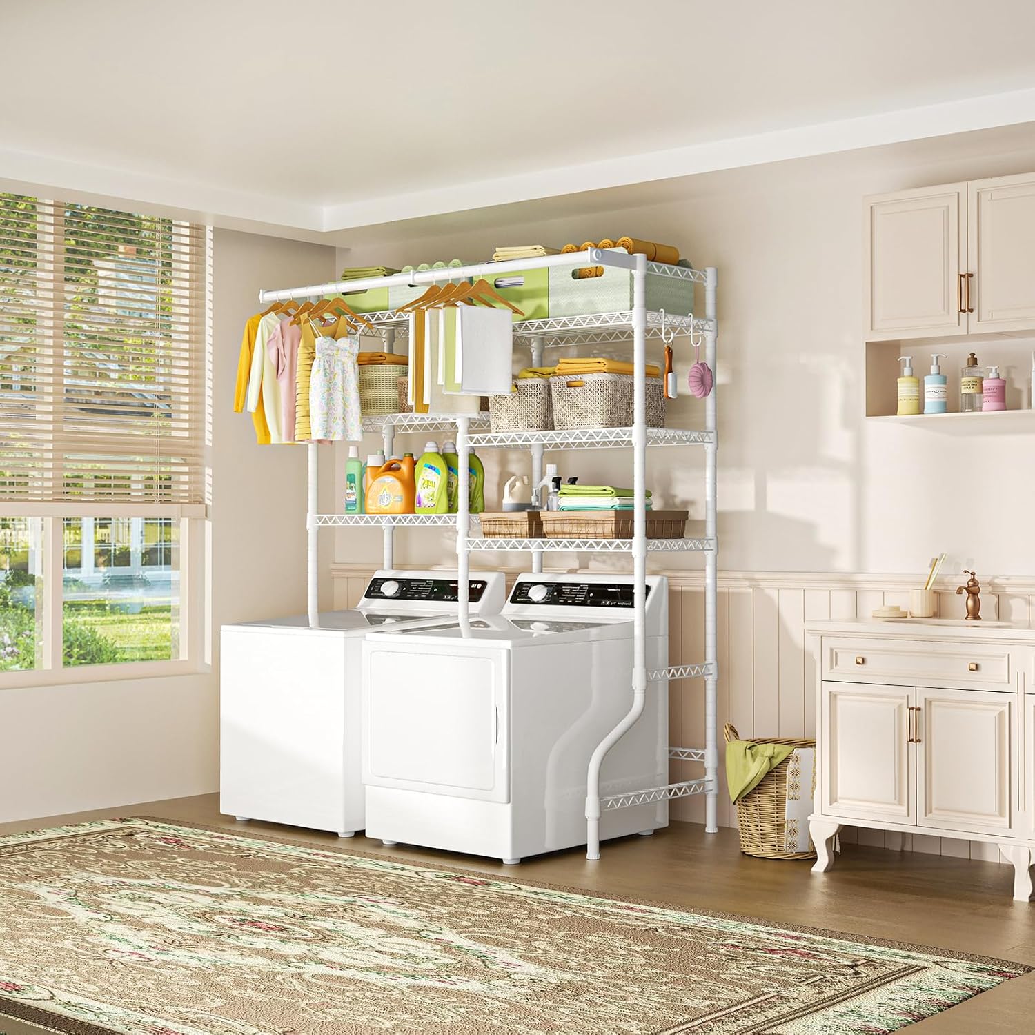 Ulif U13 Over Washer and Dryer Storage Shelves, 6 Tiers Laundry Room Standing Shelf with 2 Hanger Rods, Space Saver Clothes Drying Rack, 63.4' W x 22' D x 77.4' H, White