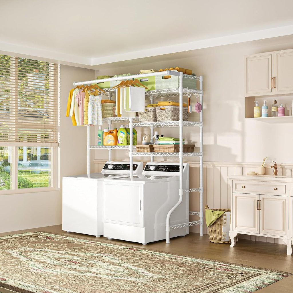Ulif U13 Medium Over Washer and Dryer Storage Shelves, 6 Tiers Laundry Room Standing Shelf with 2 Hanger Rods, Space Saver Clothes Drying Rack, 57.8' W x 22' D x 77.4' H, White