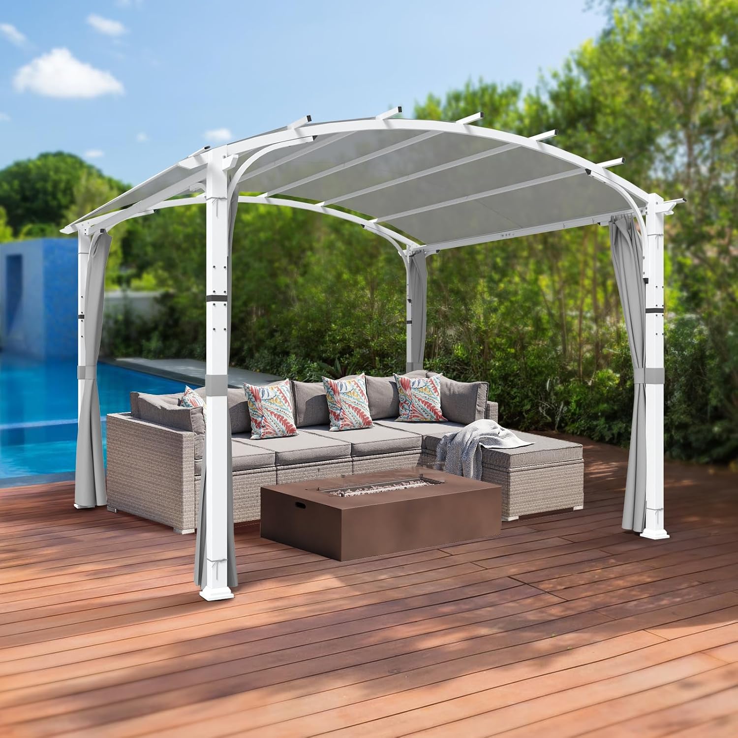 11'x11' Patio Pergola Canopy with Full Closure Sidewalls, Outdoor Metal Gazebo Pergola with Privacy Curtains, Gray