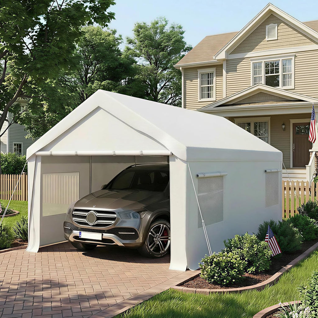 Bezseller 10x20 FT Heavy Duty Carport Canopy with Roll-Up Windows & Doors, Car Tent Portable Garage with All-Season Tarp for Cars, Boat, Trucks, White