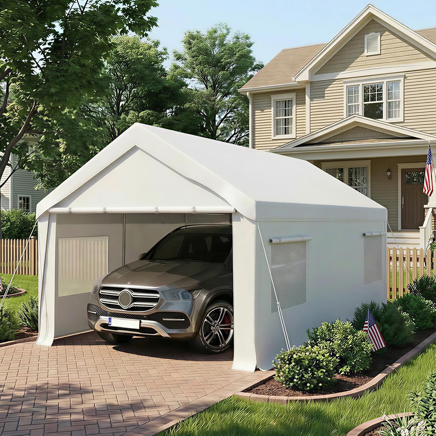 Bezseller 10x20 FT Heavy Duty Carport Canopy with Roll-Up Windows & Doors, Car Tent Portable Garage with All-Season Tarp for Cars, Boat, Trucks, White
