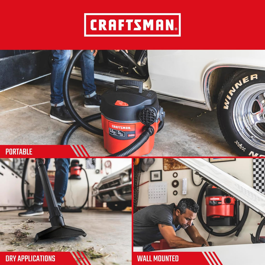 CRAFTSMAN CMXEVBE17925 5 Gallon 5.0 Peak HP Wet Dry Vac, Portable and Wall-Mountable Shop Vacuum with Filter, 2 Hoses and Attachments for Garage and Automotive Cleaning