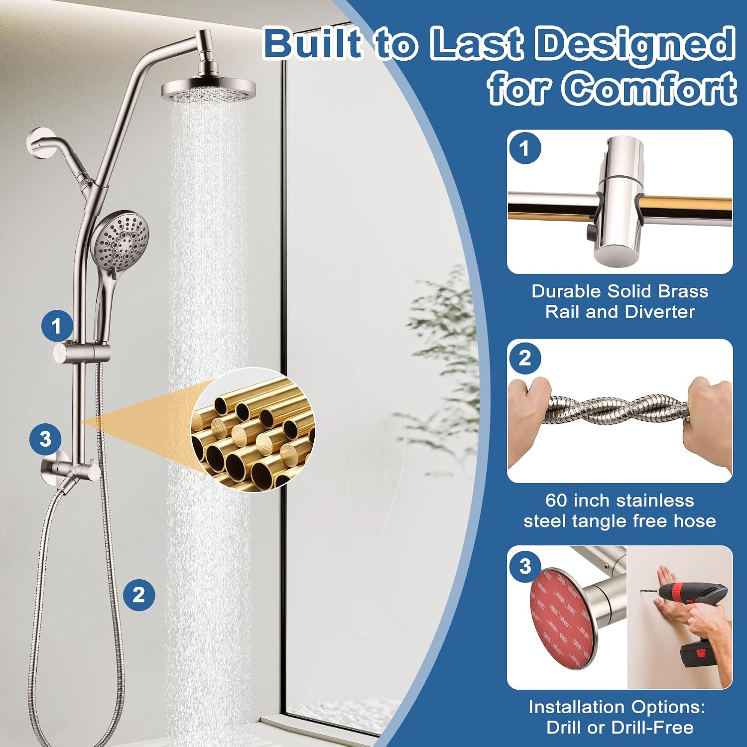 BRIGHT SHOWERS Rain Shower Head with Handheld Combo, Dual Shower System with Slide Bar, Rain Shower System, Adjustable Height, Brass Slide Bar & Diverter, 60 Inch Stainless Steel Hose, Brushed Nickel