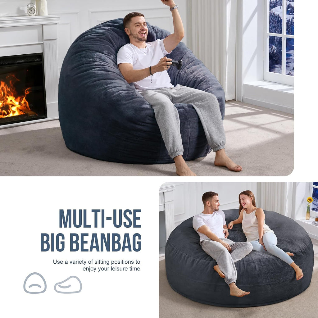 Hobestluk 6ft Bean Bag Chairs for Adults Large Beanbag Chair with Plush Faux Fur Cover Big Bean Bag Chair for Living Room Bedroom Dorm Office - Dark Grey (70' x 70' x 15')
