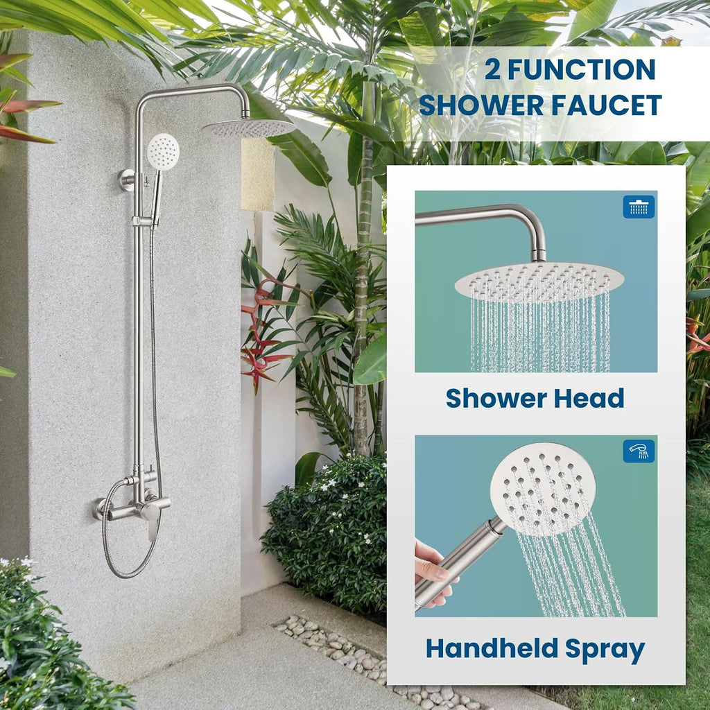 gotonovo SUS304 Outdoor Shower Fixture High Pressure Shower System Combo Wall Mount 2 Dual Function Shower Faucet Set Round Handheld Spray Brushed Nickel Single Handle