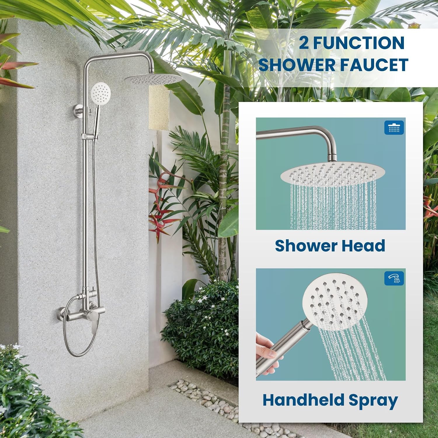 gotonovo SUS304 Outdoor Shower Fixture High Pressure Shower System Combo Wall Mount 2 Dual Function Shower Faucet Set Round Handheld Spray Brushed Nickel Single Handle