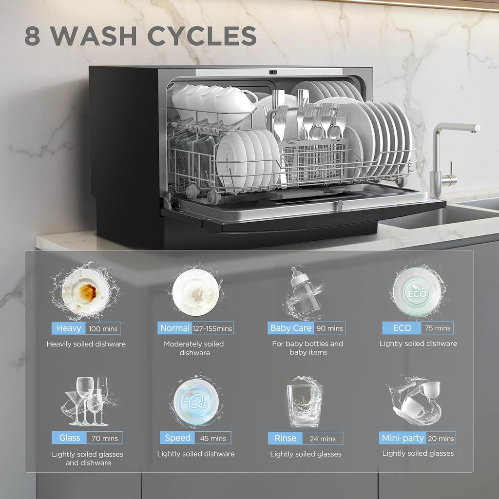 COMFEE' Countertop Dishwasher, Energy Star Portable Dishwasher, 6 Place Settings & 8 Washing Programs, Speed, Baby-Care, ECO& Glass, Dish Washer for Dorm, RV& Apartment, Black