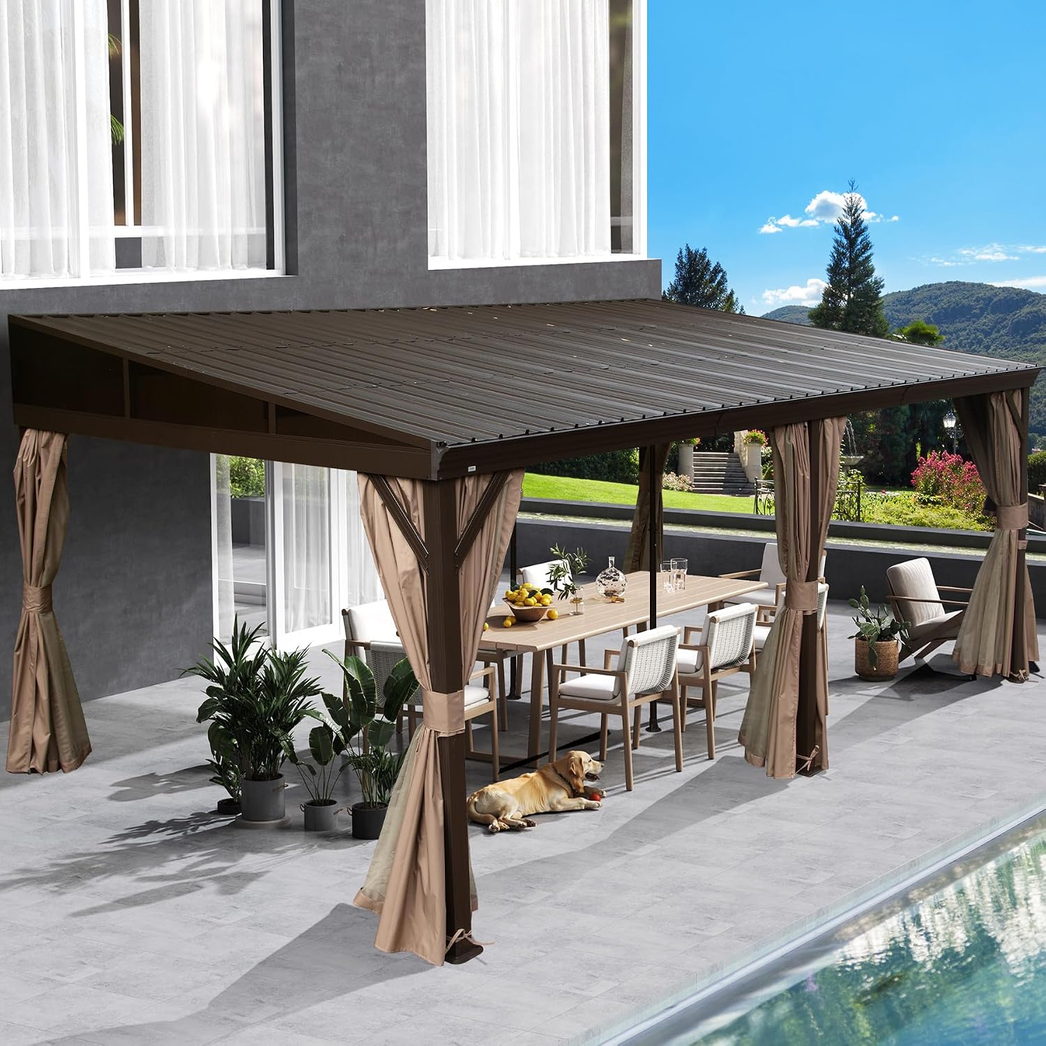 Domi 12x20FT Lean to Gazebo, Outdoor Hardtop Wall Mounted Gazebo with Sloping Galvanized Steel Roof, Aluminum Frame Mounted Pavilion with Netting and Curtain Included for Deck, Porch, Backyard
